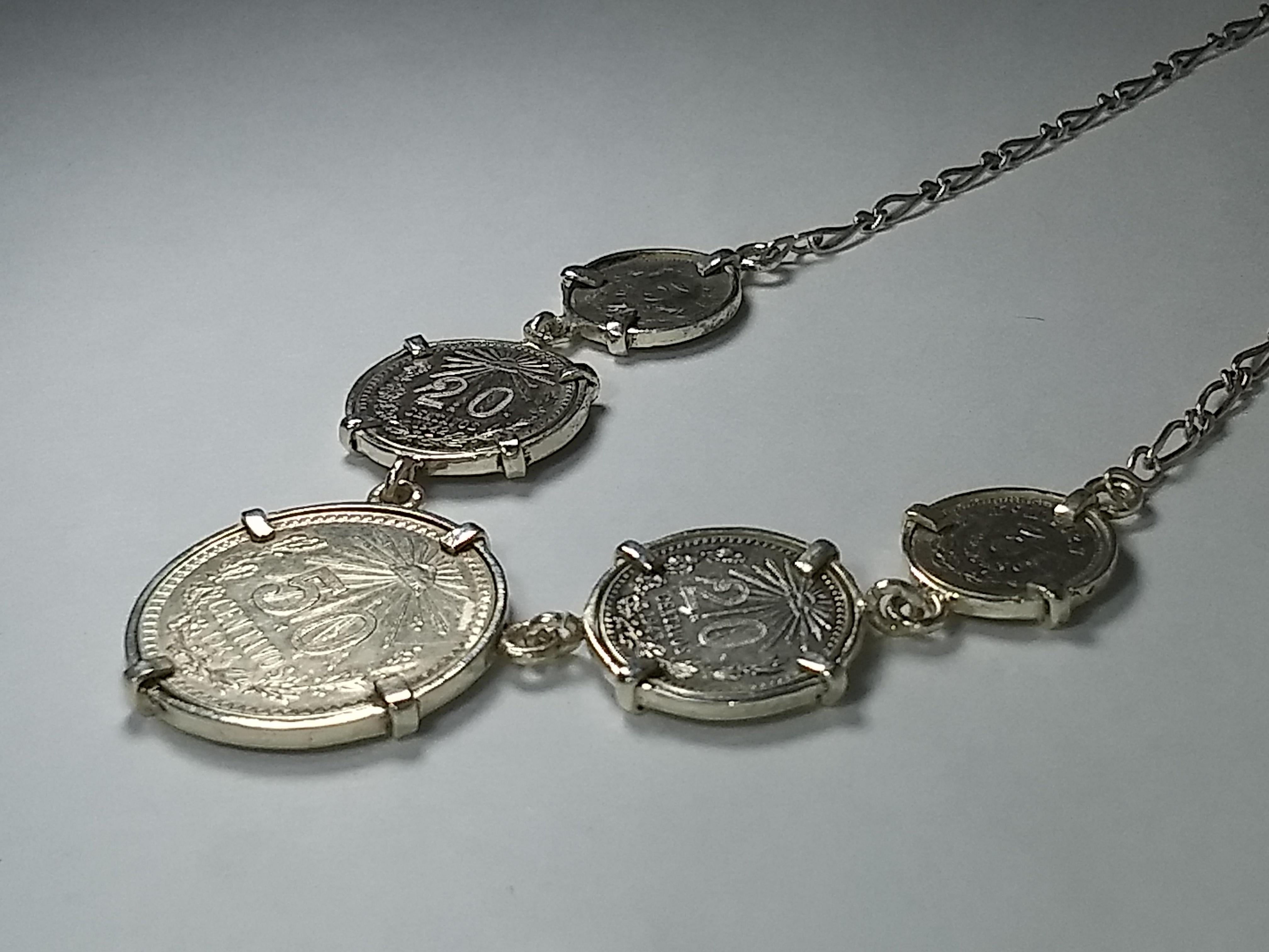 Contemporary Alberto Juan Mexican Handmade Sterling Silver Coin Necklace For Sale