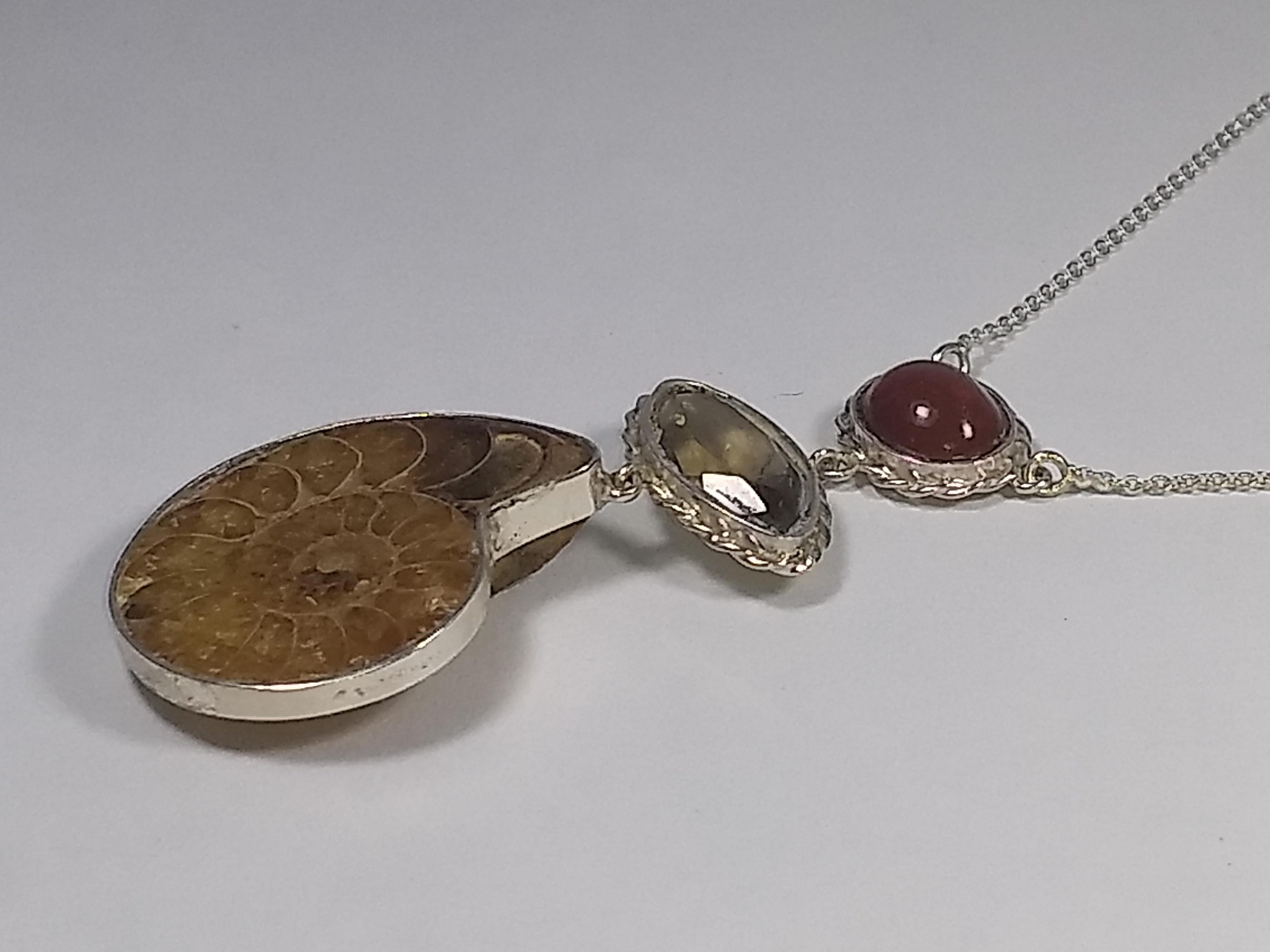 Women's Alberto Juan Mexican Sterling Silver Fire Opal Smoky Quartz Ammonite Necklace For Sale