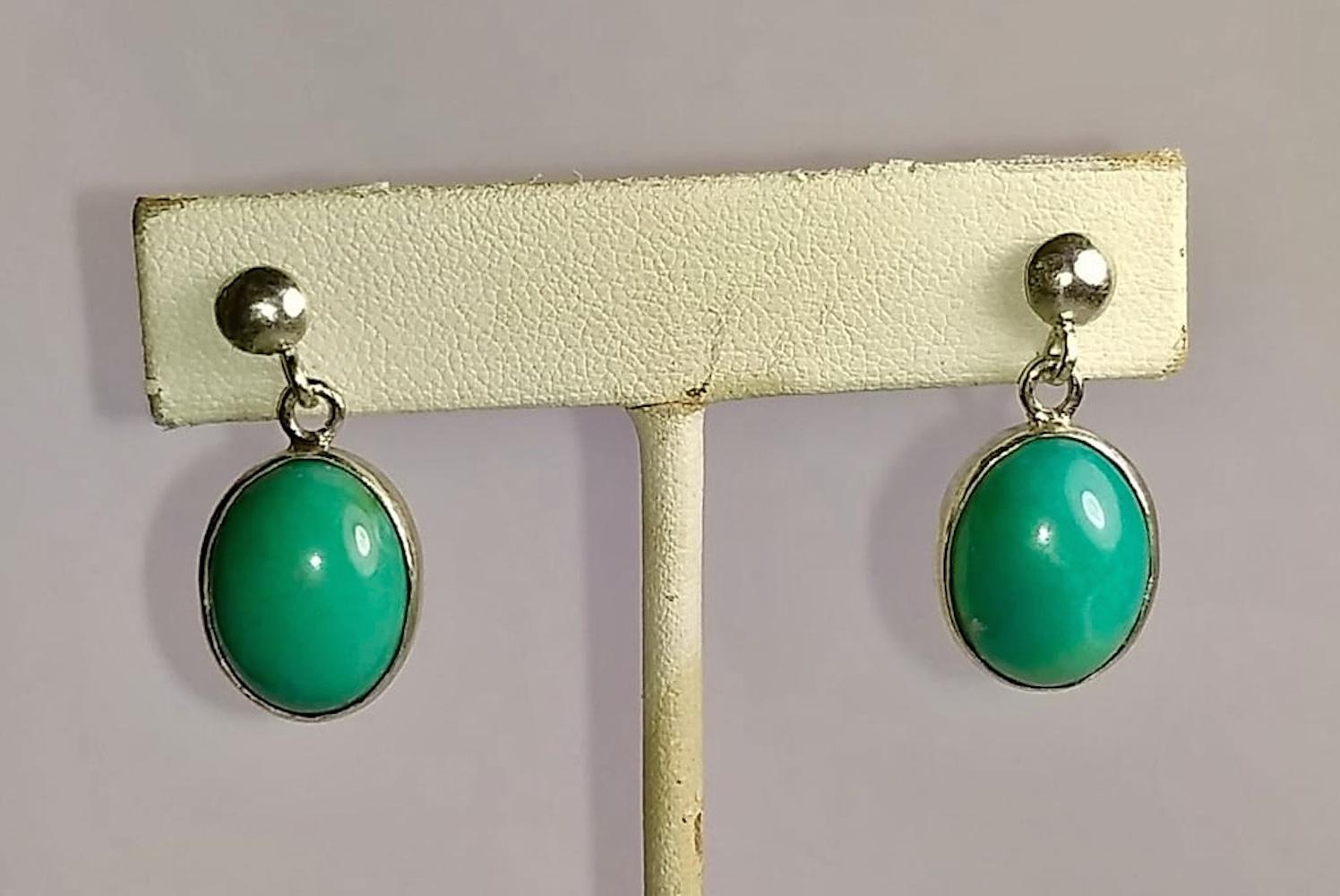 Alberto Juan Mexican Sterling Silver Turquoise Cabochon Dangle Earrings For Sale 2