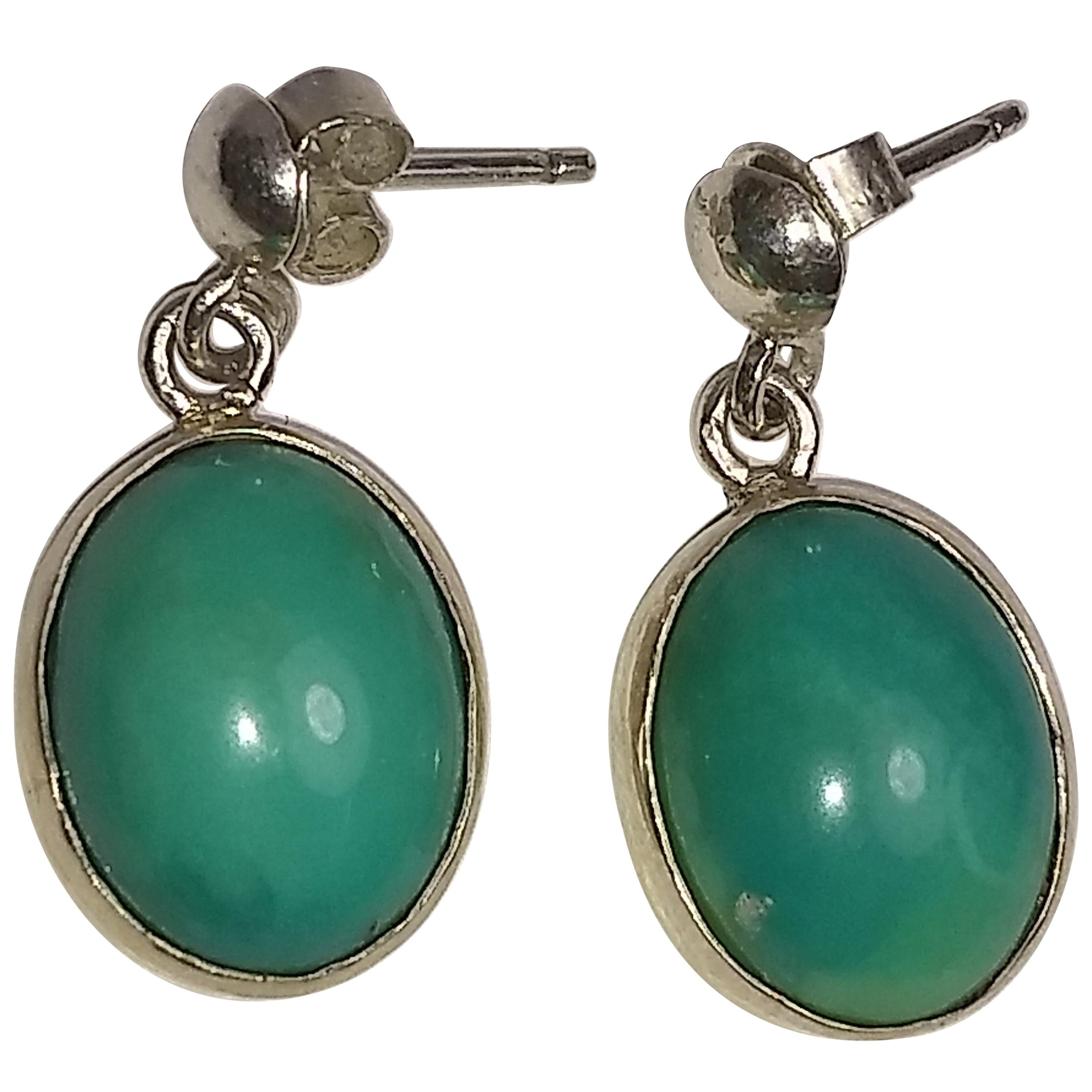 Alberto Juan Mexican Sterling Silver Turquoise Cabochon Dangle Earrings For Sale