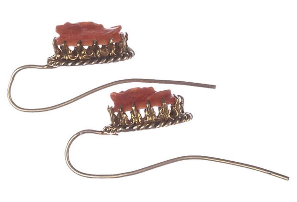 Artisan Alberto Juan Repurposed Victorian Red Coral Cameo Drop Earrings For Sale