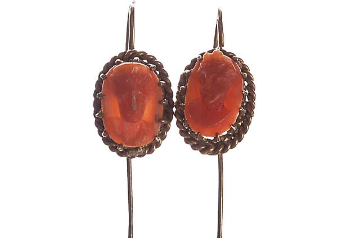 Alberto Juan Repurposed Victorian Red Coral Cameo Drop Earrings In Good Condition For Sale In New York, NY