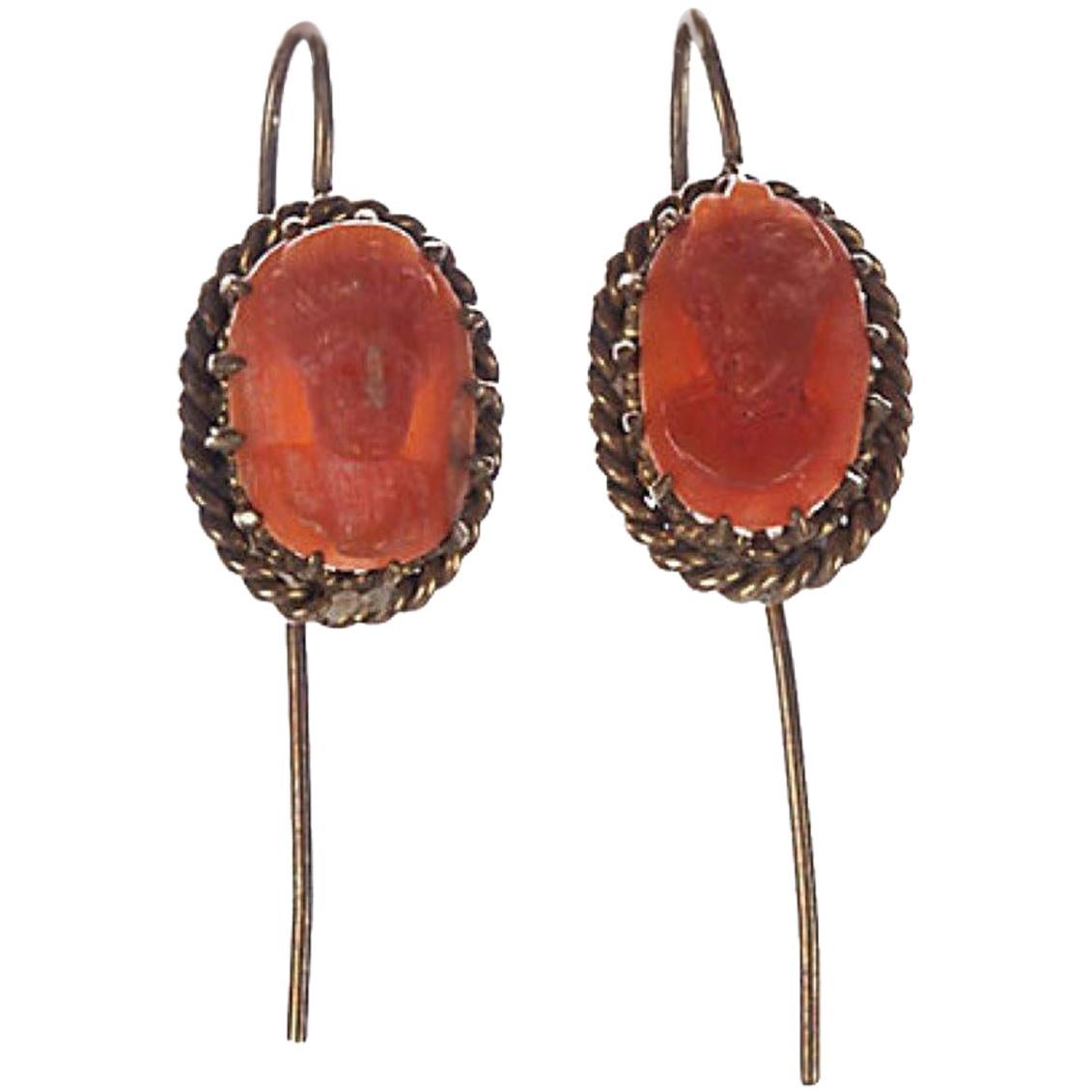 Alberto Juan Repurposed Victorian Red Coral Cameo Drop Earrings For Sale