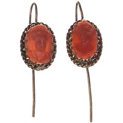 Alberto Juan Repurposed Victorian Red Coral Cameo Drop Earrings