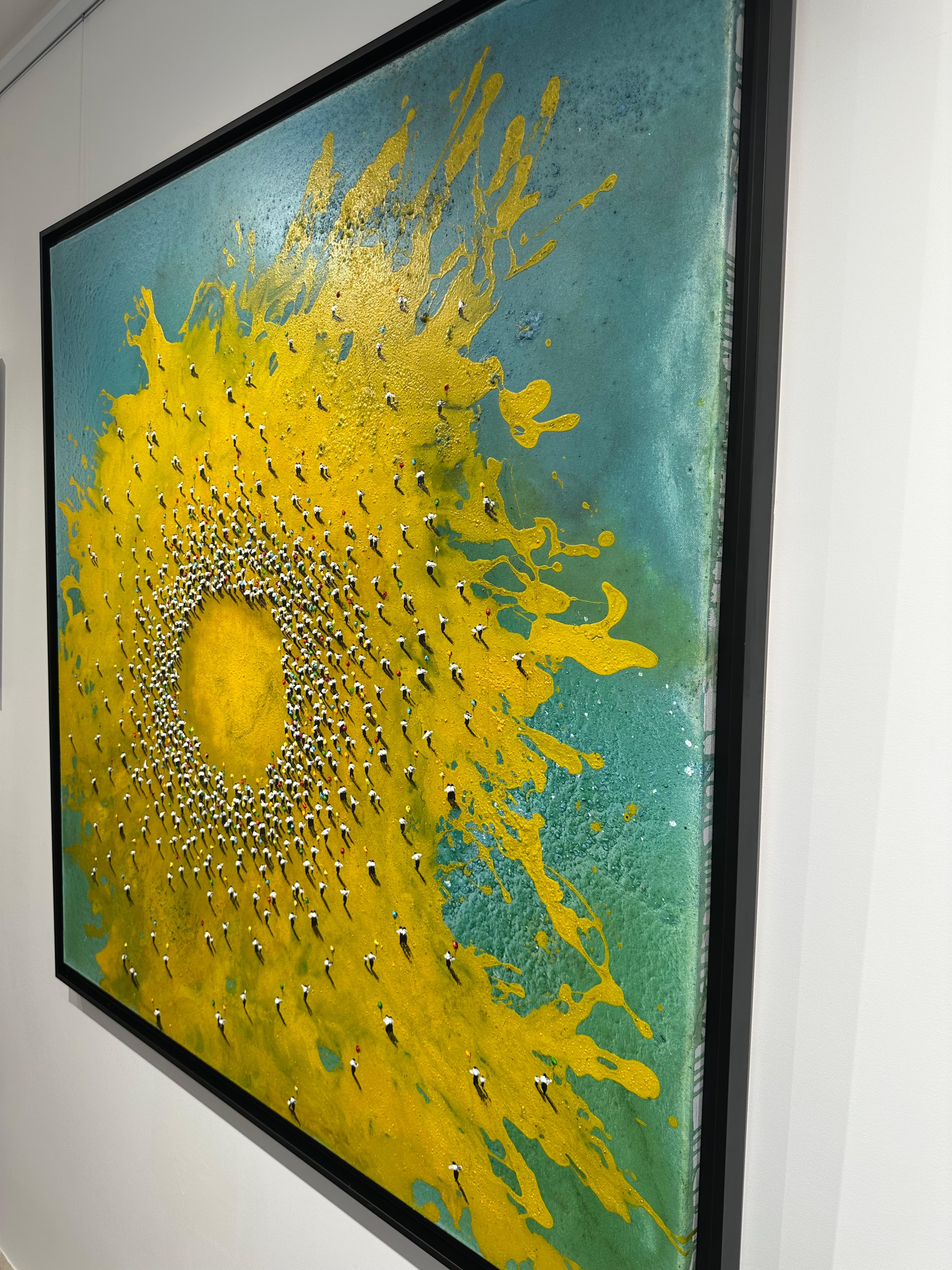 Eguzki-Iorea II, 2025
120 x 120 cm unframed

This captivating artwork presents a dynamic explosion of colors and shapes. At the center, a circular motif evokes a radiant sun or a giant flower, composed of precise black dots that create a sense of