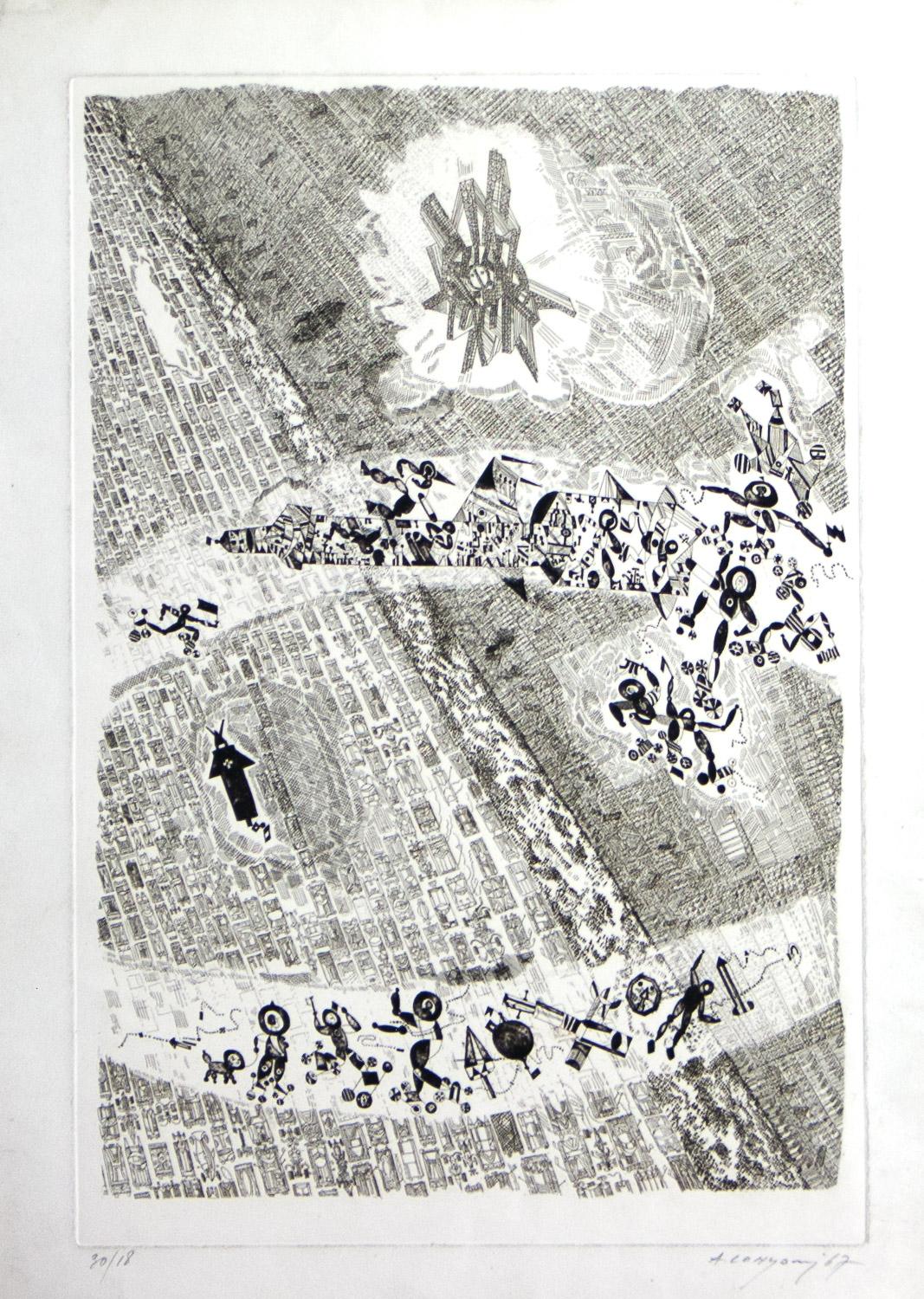       Surreal Fantasy est une gravure originale en noir et blanc de 1967 en édition limitée ( 18/30 ) signée par l'artiste italien Alberto Longoni en bonne condition.    format du papier 27,50 x 19,50   taille de l'image 23,25 x 15,50
      Alberto
