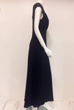 Alberto Makali Black Beaded Shoulders & Neckline Ruched Bodice Gown