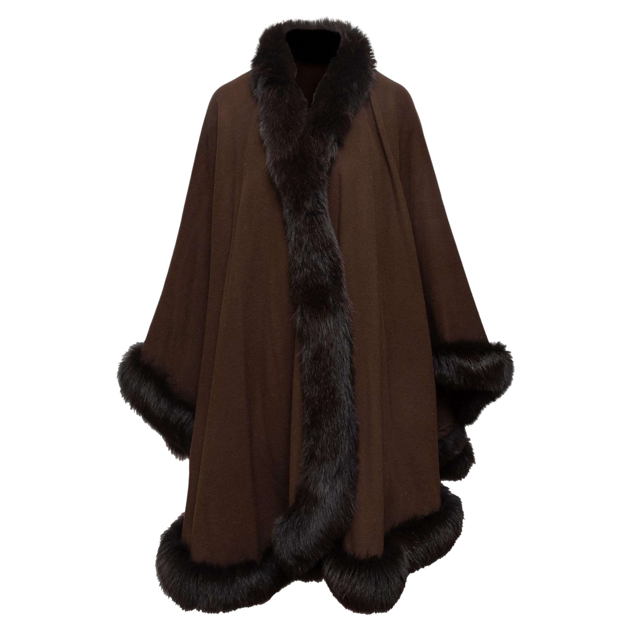 Alberto Makali Brown Fur-Trimmed Wool Cape