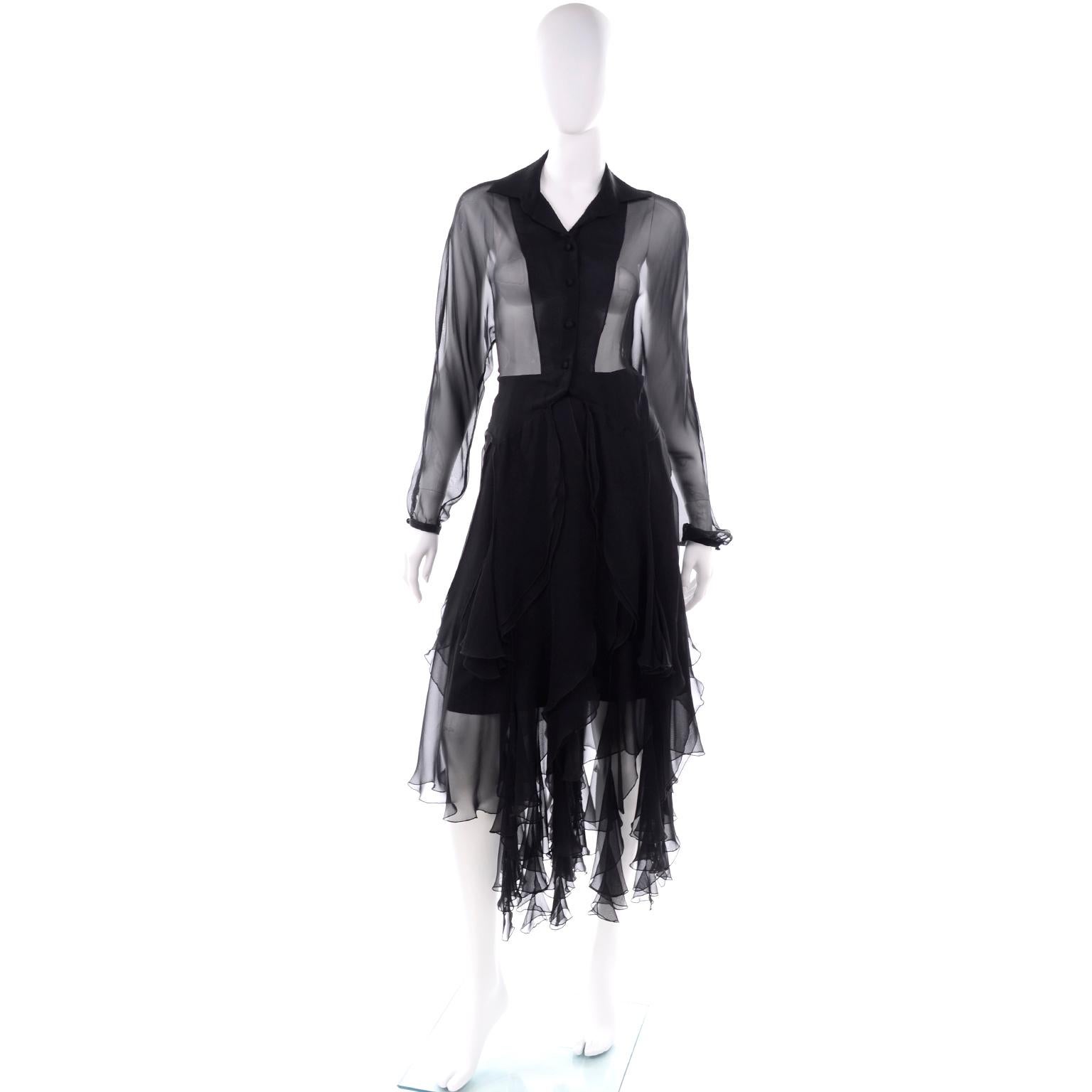 Alberto Makali Women Semi Sheer 100% Silk Black Ruffle Short Sleeve Dress Sz 6 