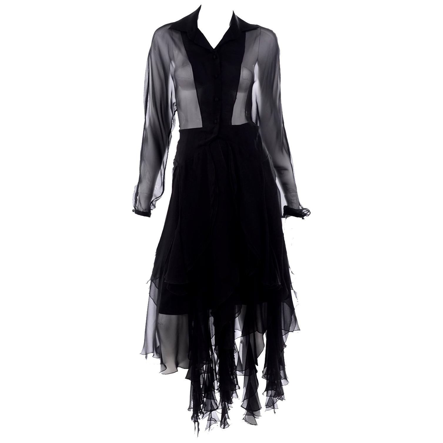 Alberto Makali Vintage Sheer Black 2 Pc Evening Dress w Panel Fringe Hem 
