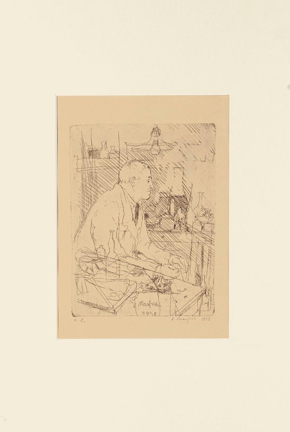 Portrait of Giorgio Morandi in his Studio - 1958 - Print by Alberto Manfredi