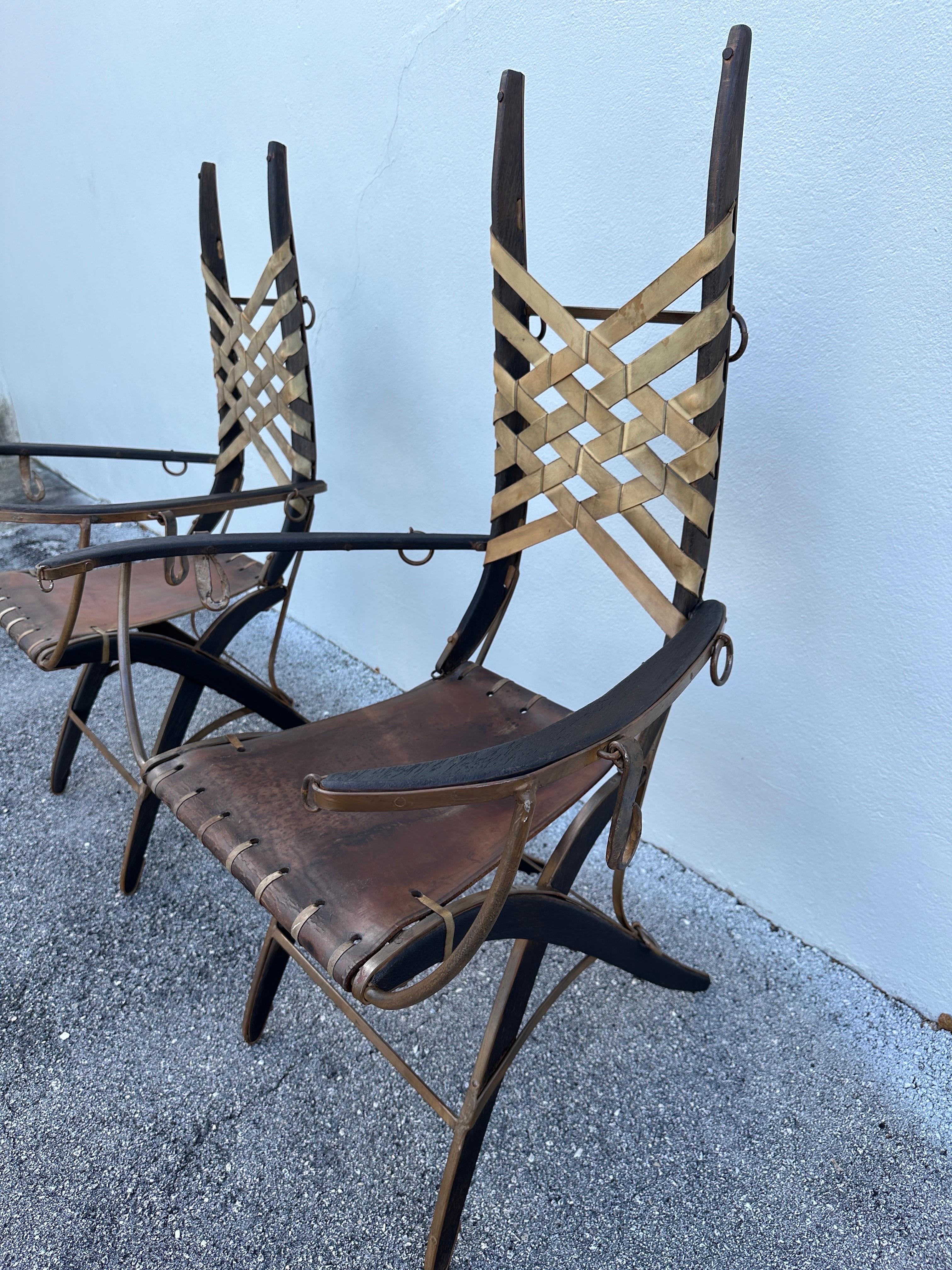 Alberto Marconetti Original Oak, Iron & Leather Straps Armchairs, Pair 4
