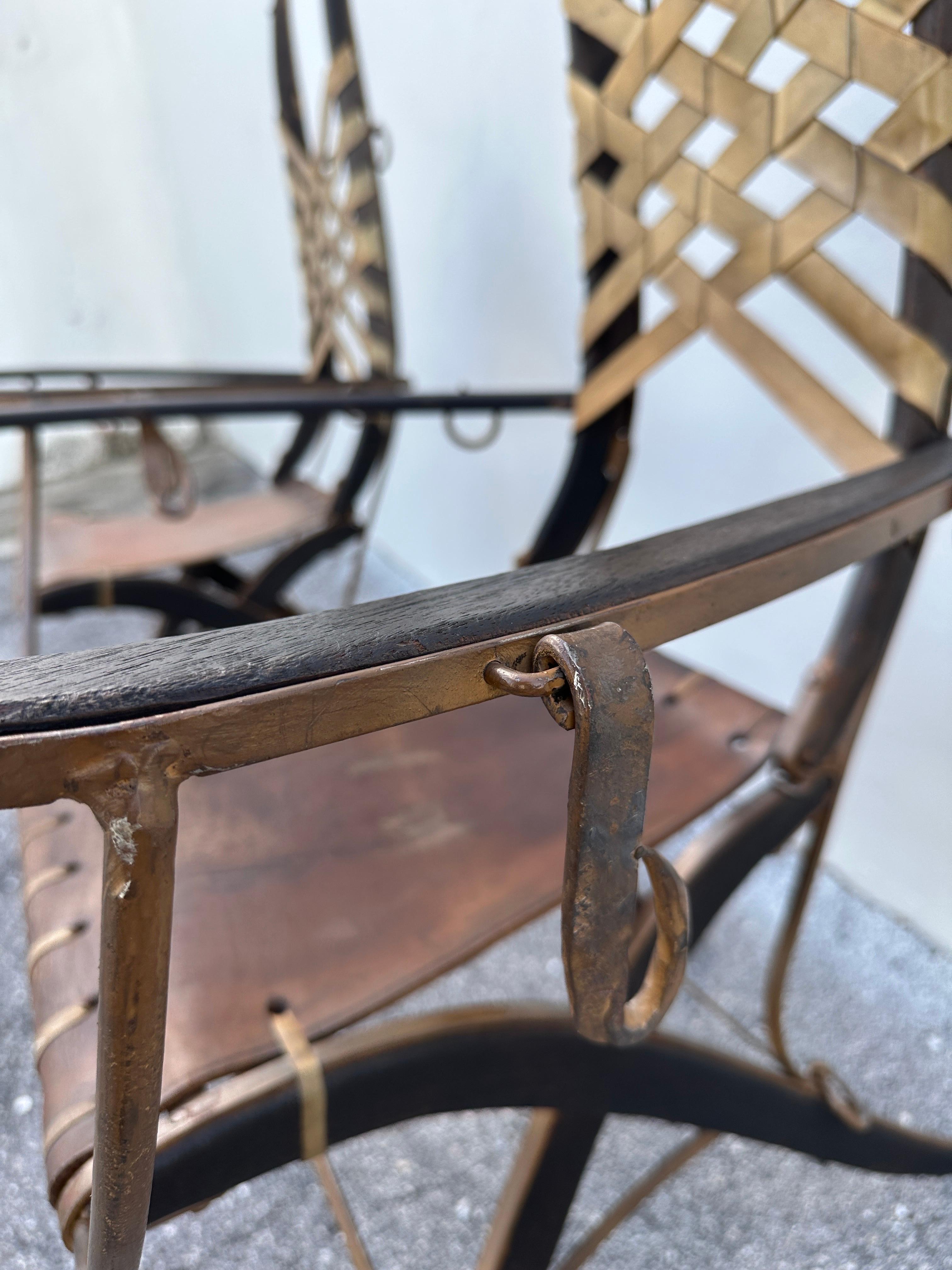 Alberto Marconetti Original Oak, Iron & Leather Straps Armchairs, Pair For Sale 7