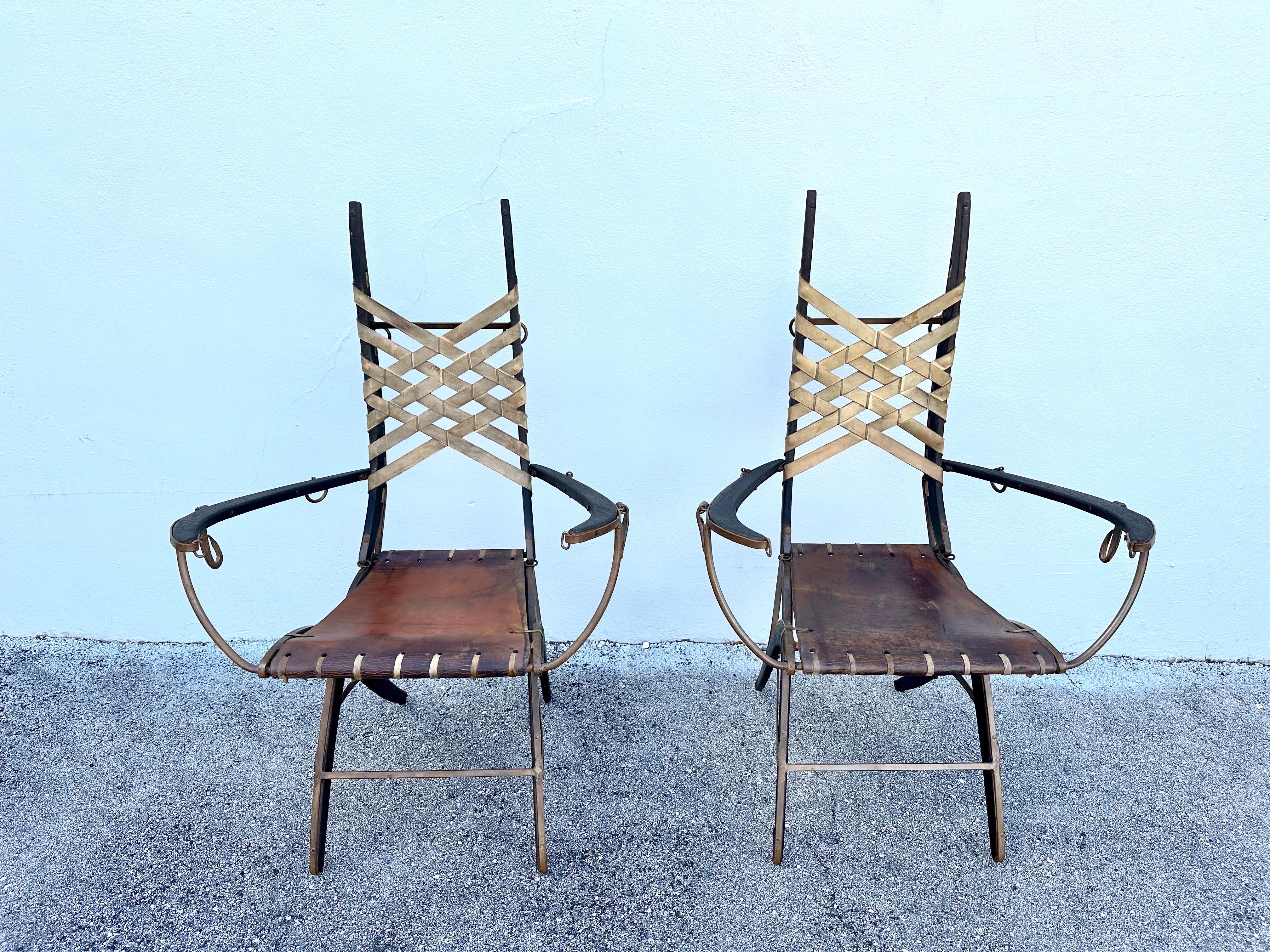 Paire de fauteuils originaux en Oak Oak, fer et lanières de cuir Alberto Marconetti en vente 8