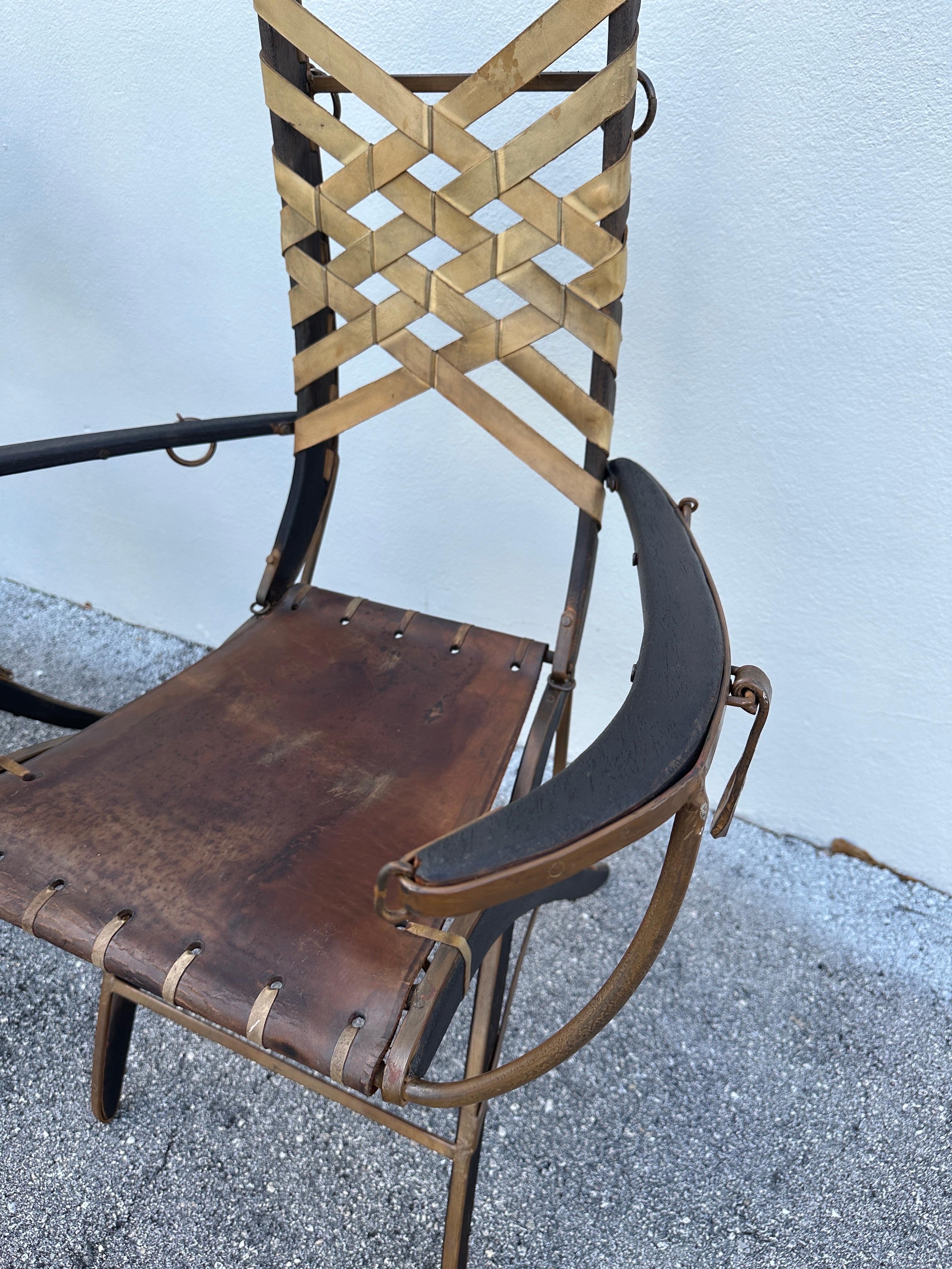 Rustic Alberto Marconetti Original Oak, Iron & Leather Straps Armchairs, Pair For Sale