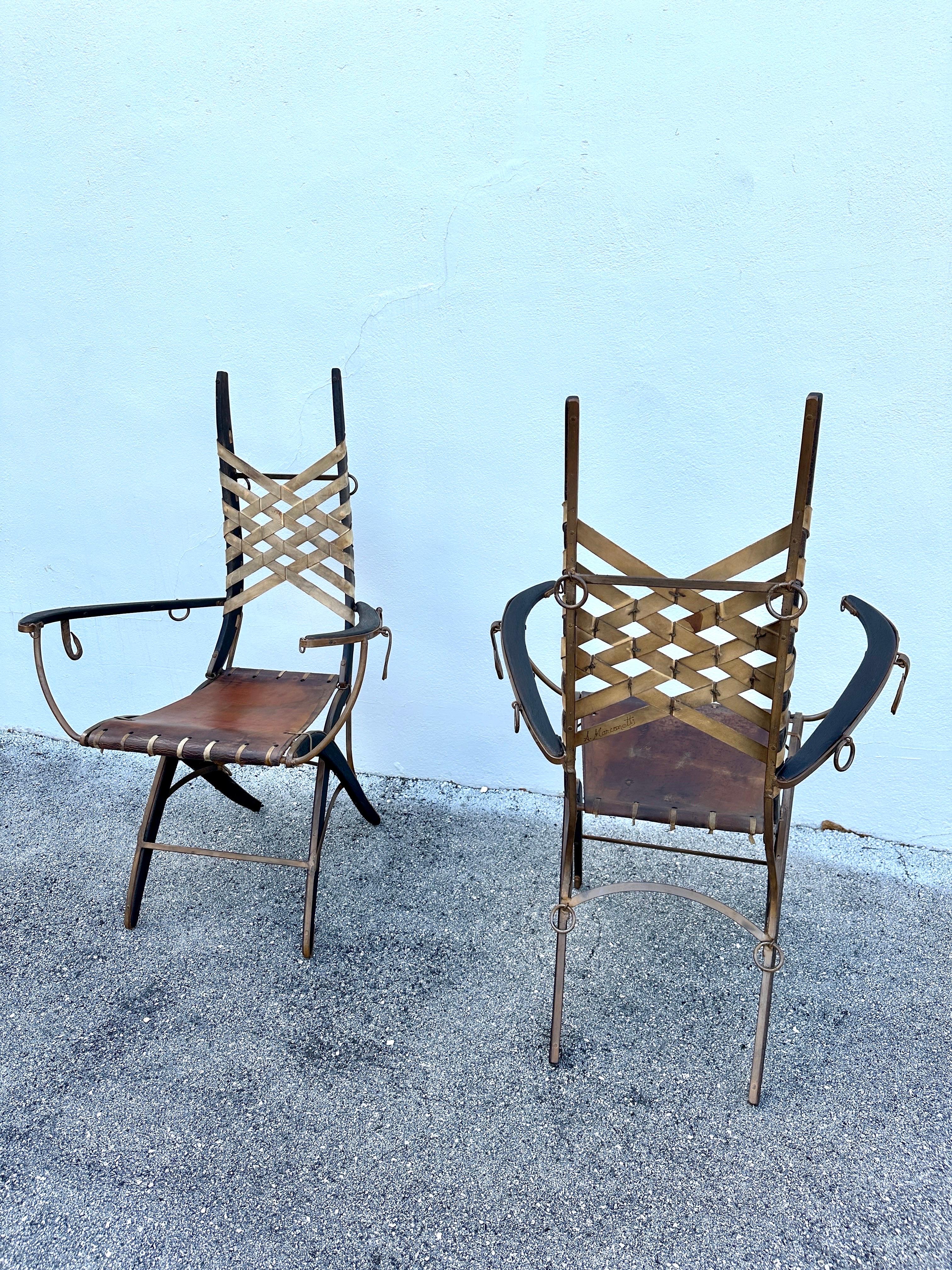 Alberto Marconetti Original Oak, Iron & Leather Straps Armchairs, Pair In Good Condition For Sale In East Hampton, NY