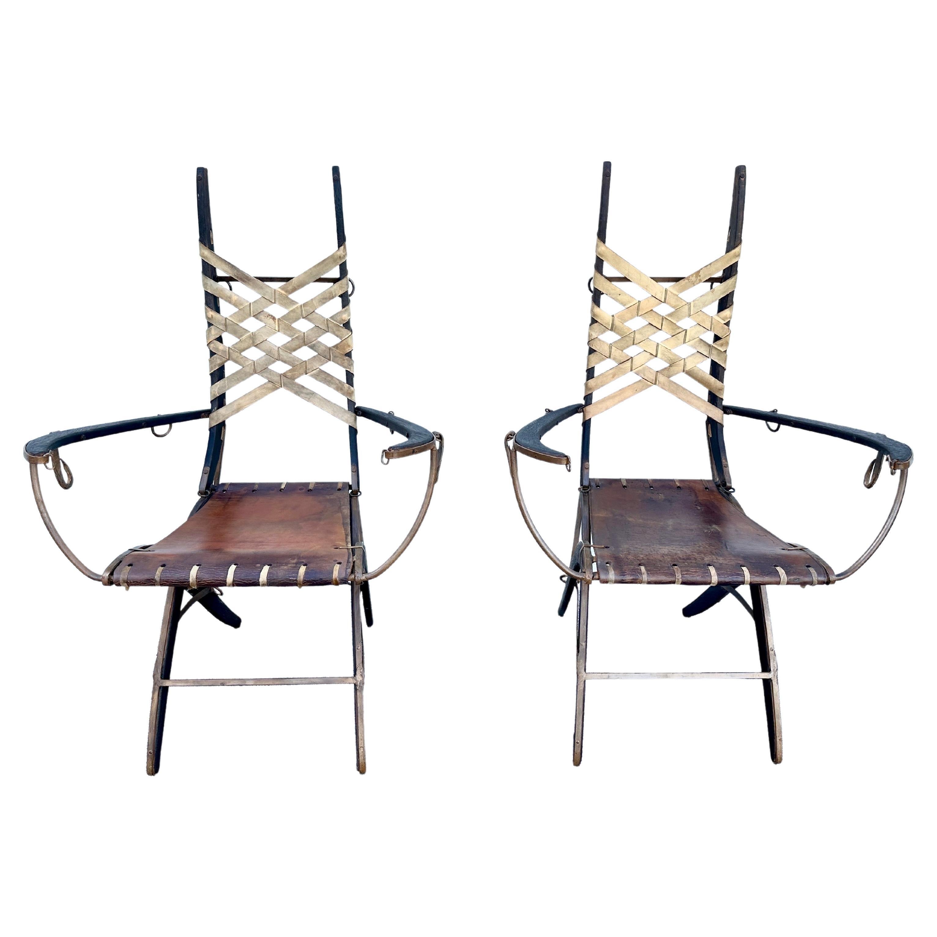 Paire de fauteuils originaux en Oak Oak, fer et lanières de cuir Alberto Marconetti en vente