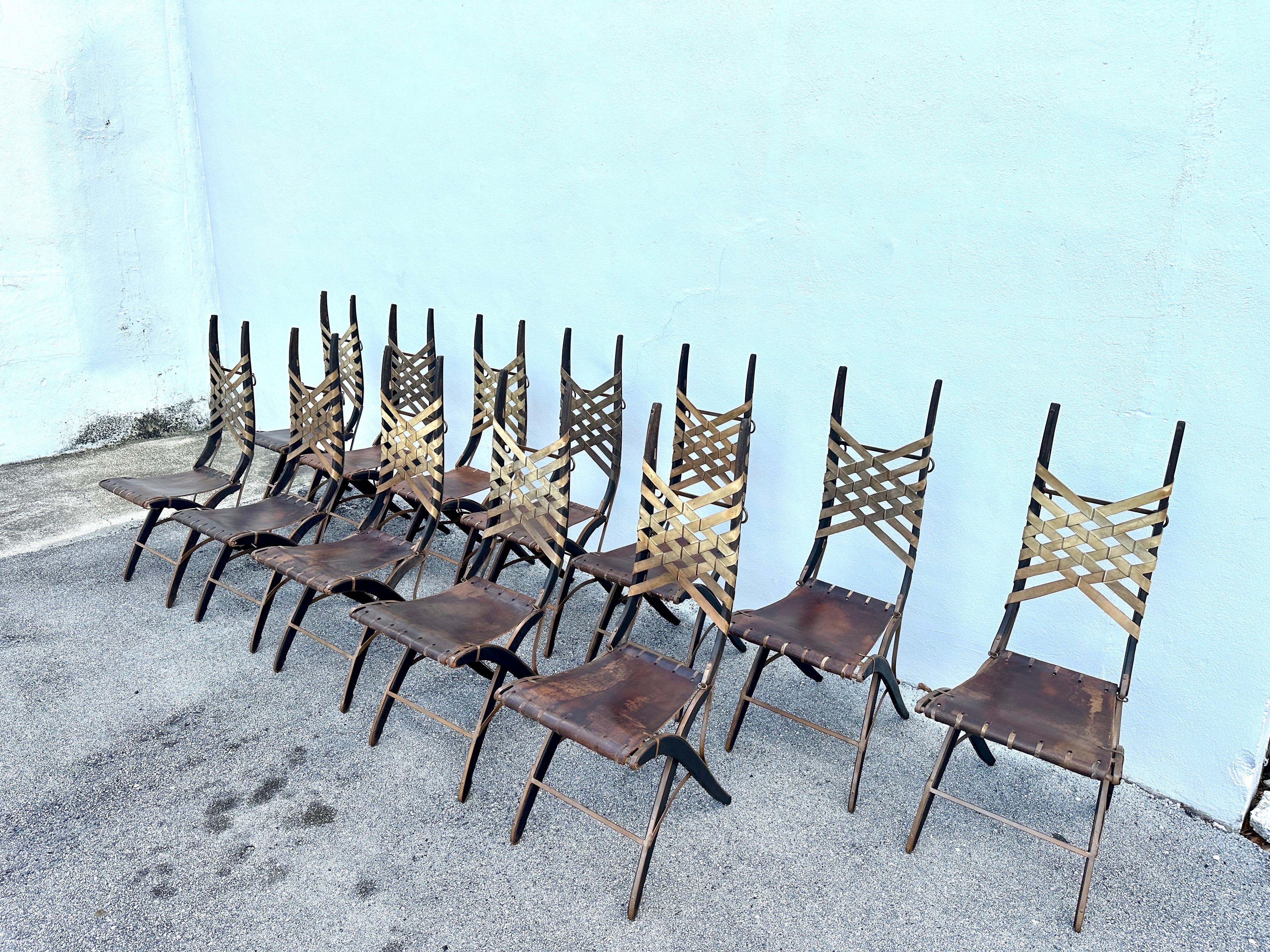 Alberto Marconetti Original Oak, Iron & Leather Straps Dining Chairs, Set of 12 For Sale 5