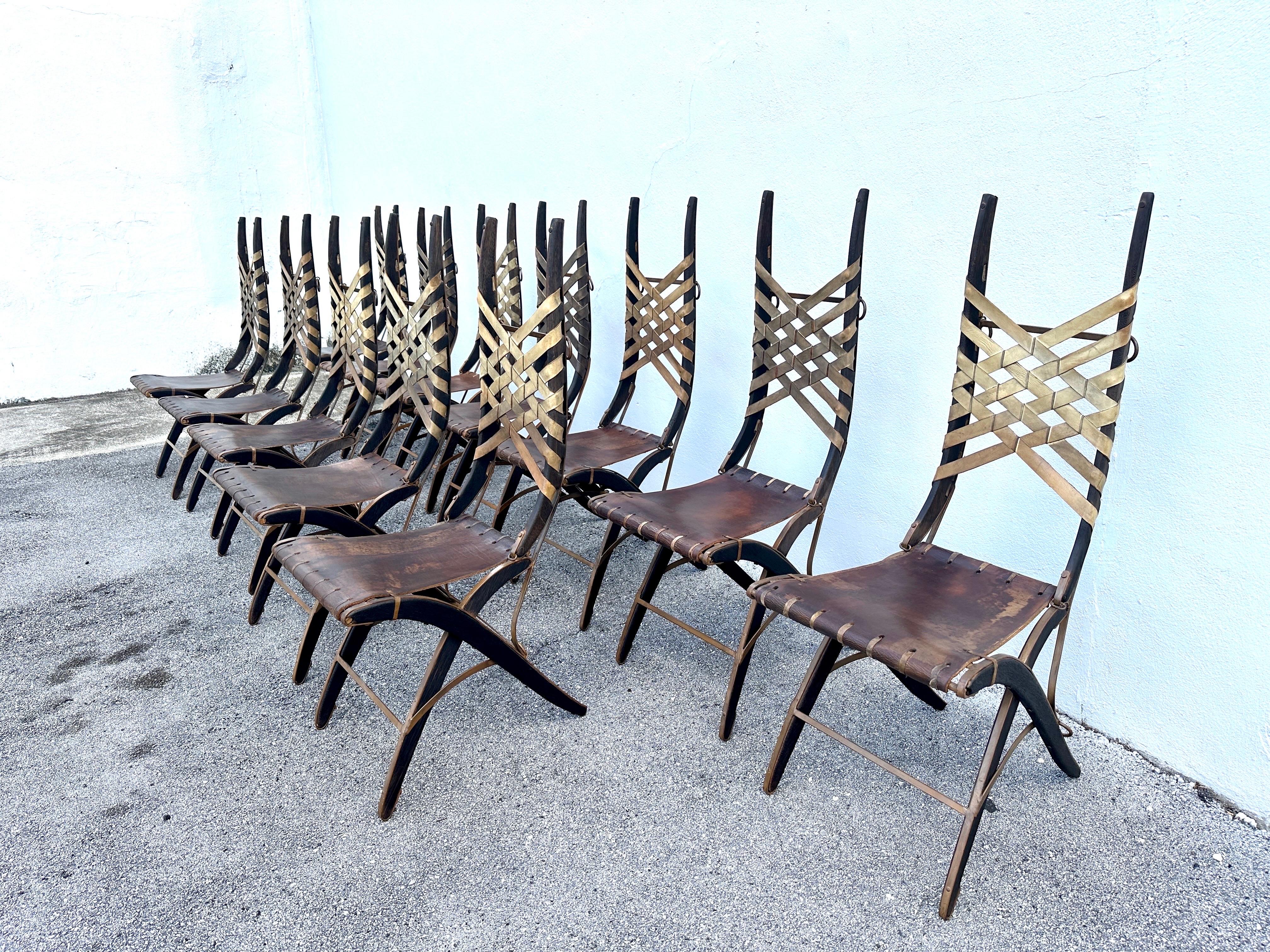 Alberto Marconetti Original Oak, Iron & Leather Straps Dining Chairs, Set of 12 For Sale 9