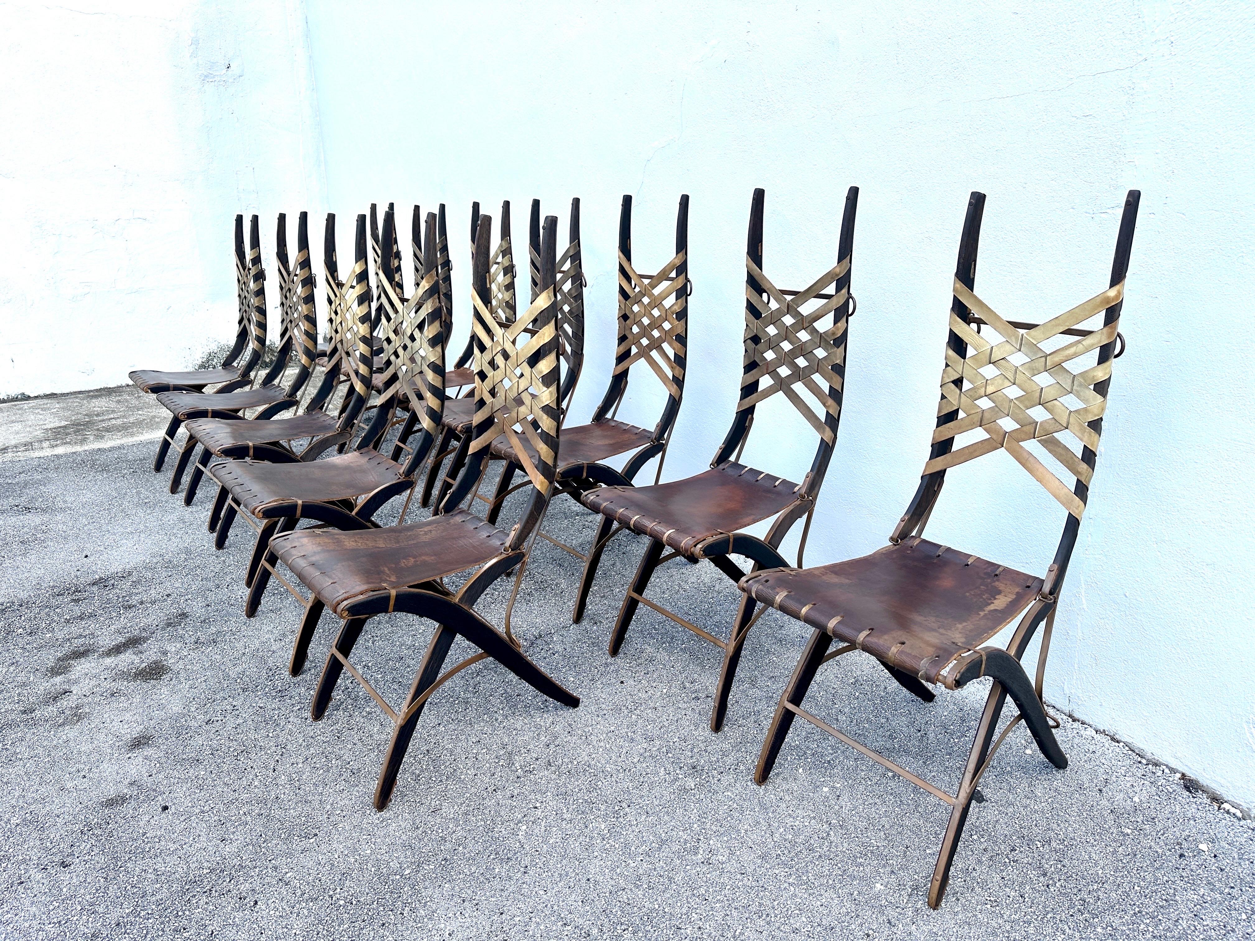 Sedie da pranzo originali Alberto Marconetti in Oak, ferro e cinghie di cuoio, set da 12 in vendita 8