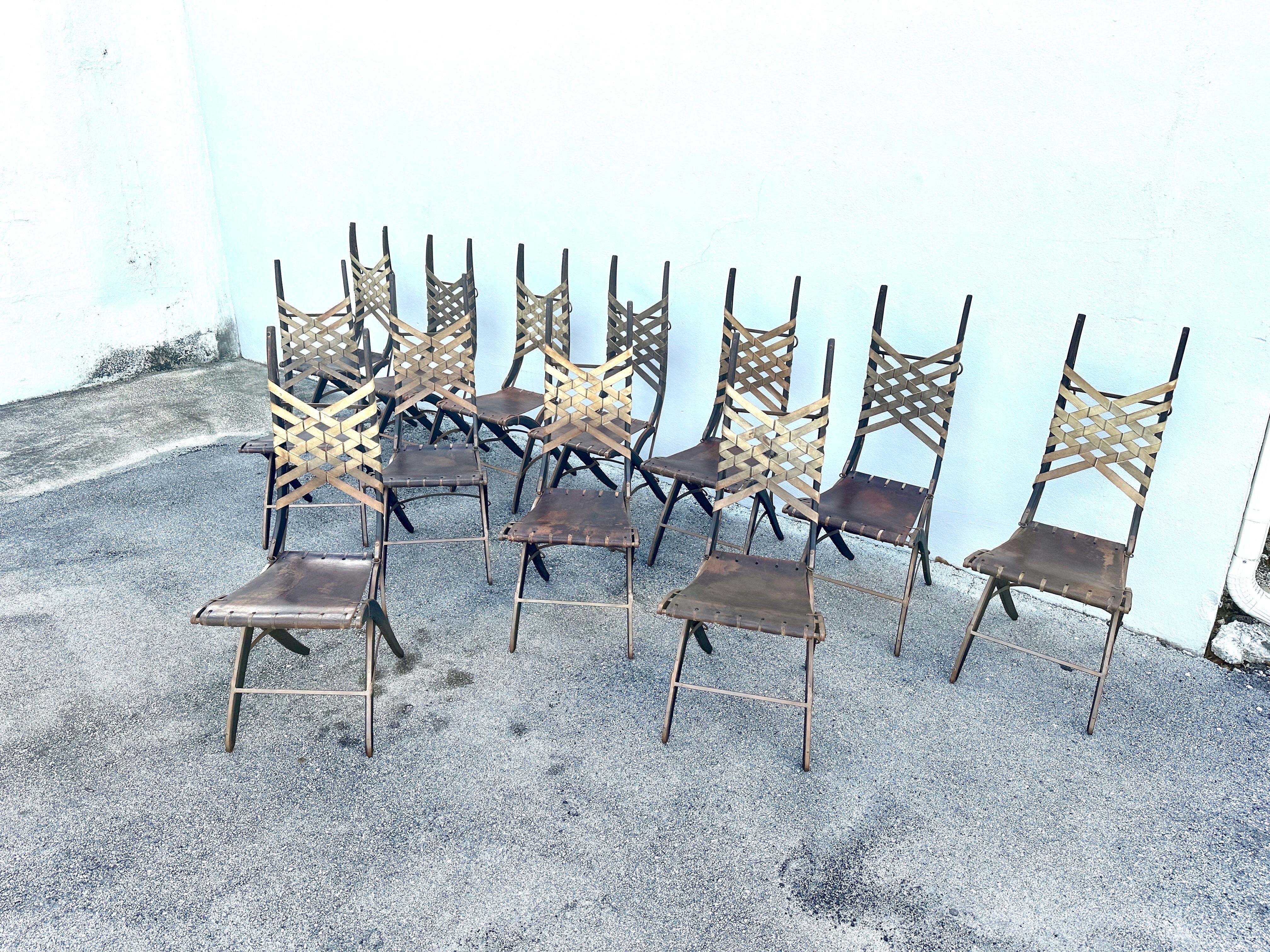 Alberto Marconetti Original Oak, Iron & Leather Straps Dining Chairs, Set of 12 For Sale 10