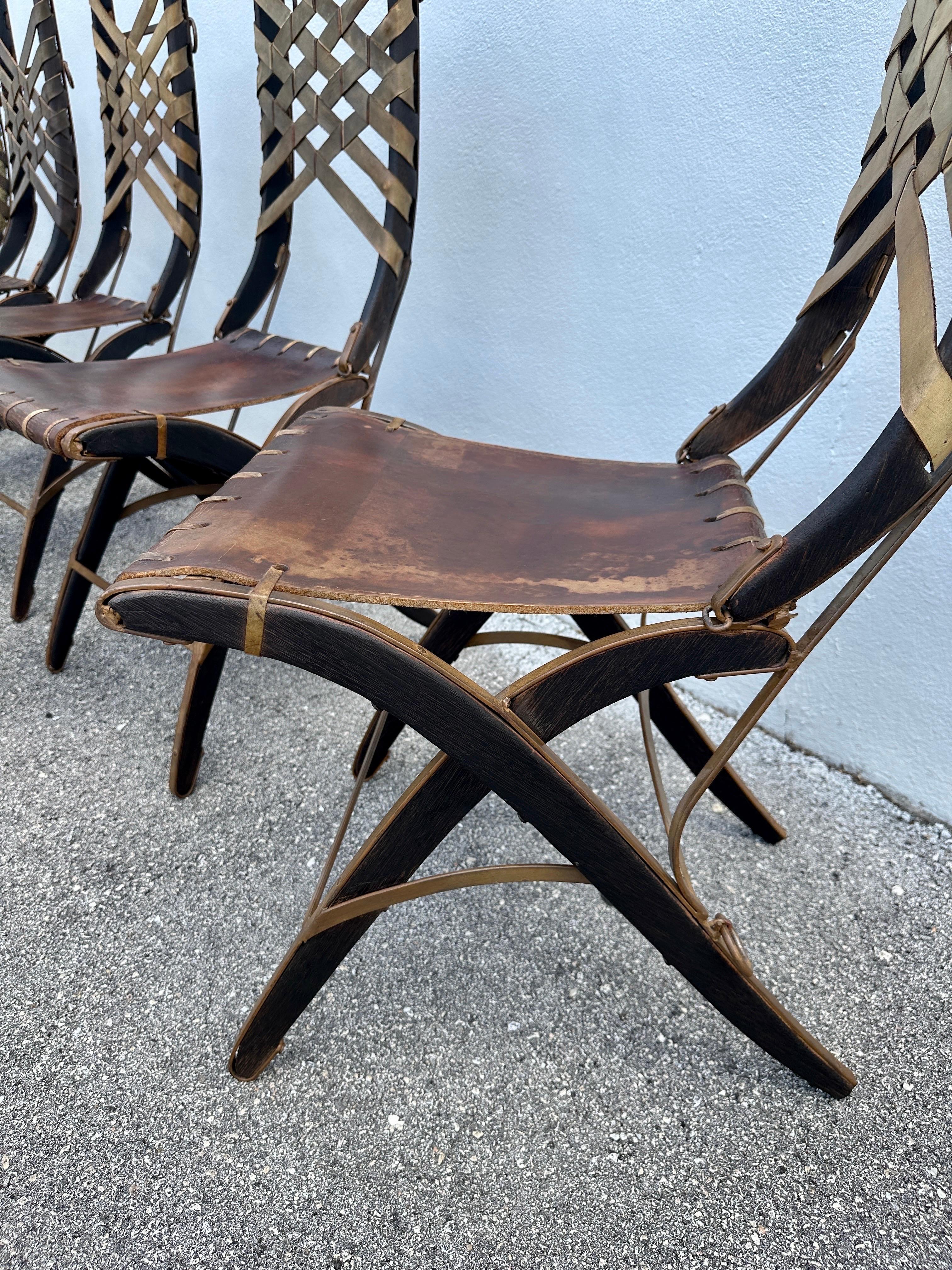 Italian Alberto Marconetti Original Oak, Iron & Leather Straps Dining Chairs, Set of 12 For Sale