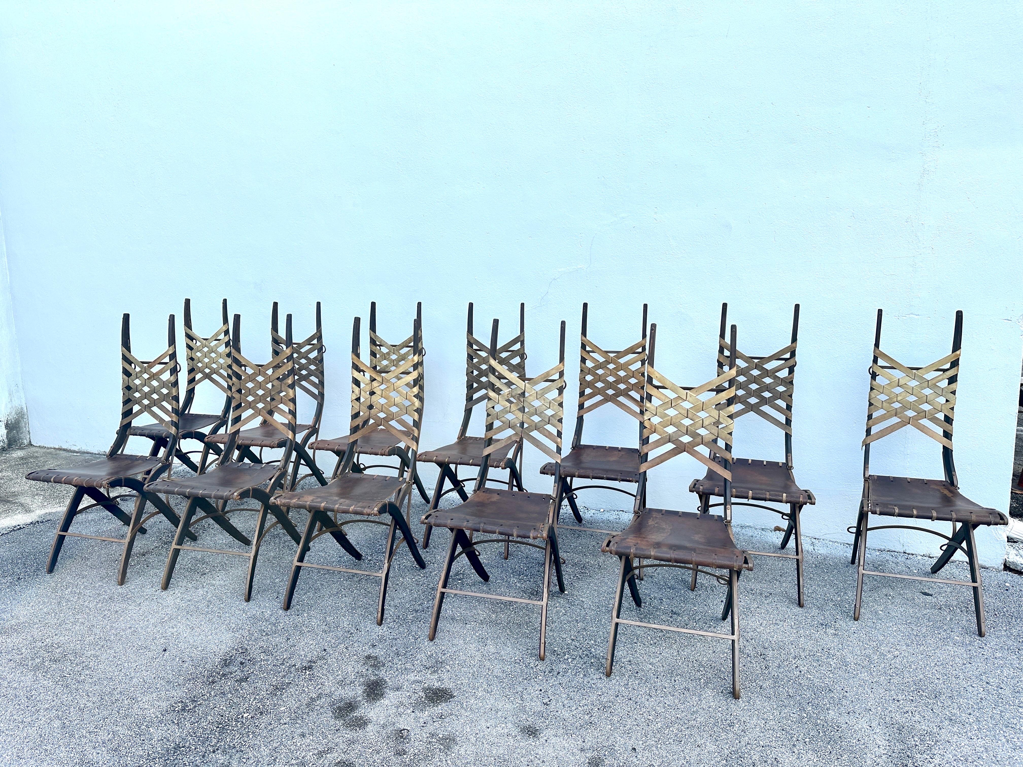 Alberto Marconetti Original Oak, Iron & Leather Straps Dining Chairs, Set of 12 In Good Condition For Sale In East Hampton, NY
