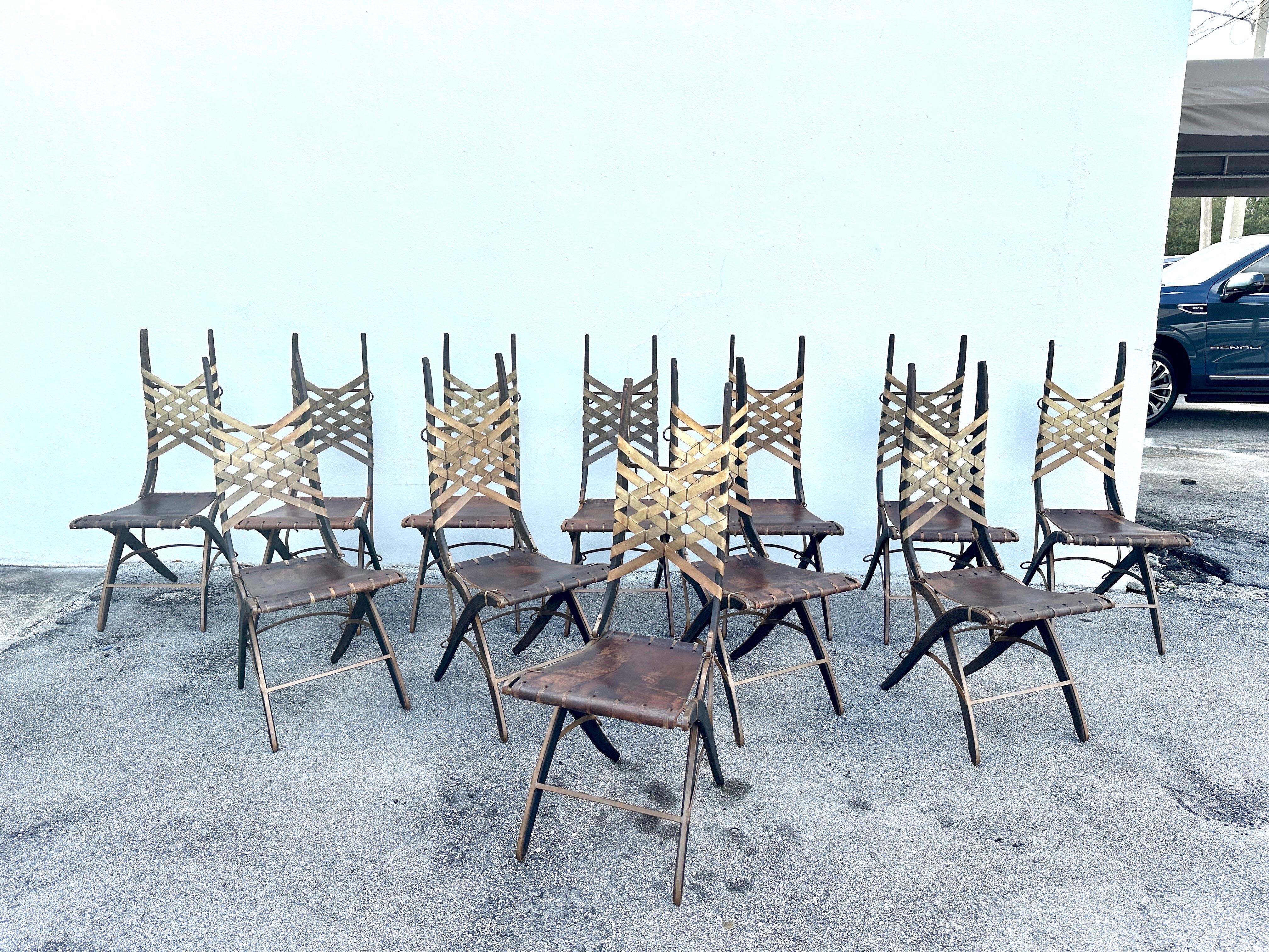 Alberto Marconetti Original Esszimmerstühle aus Eiche, Eisen und Leder mit Lederriemen, 12er-Set im Angebot 1