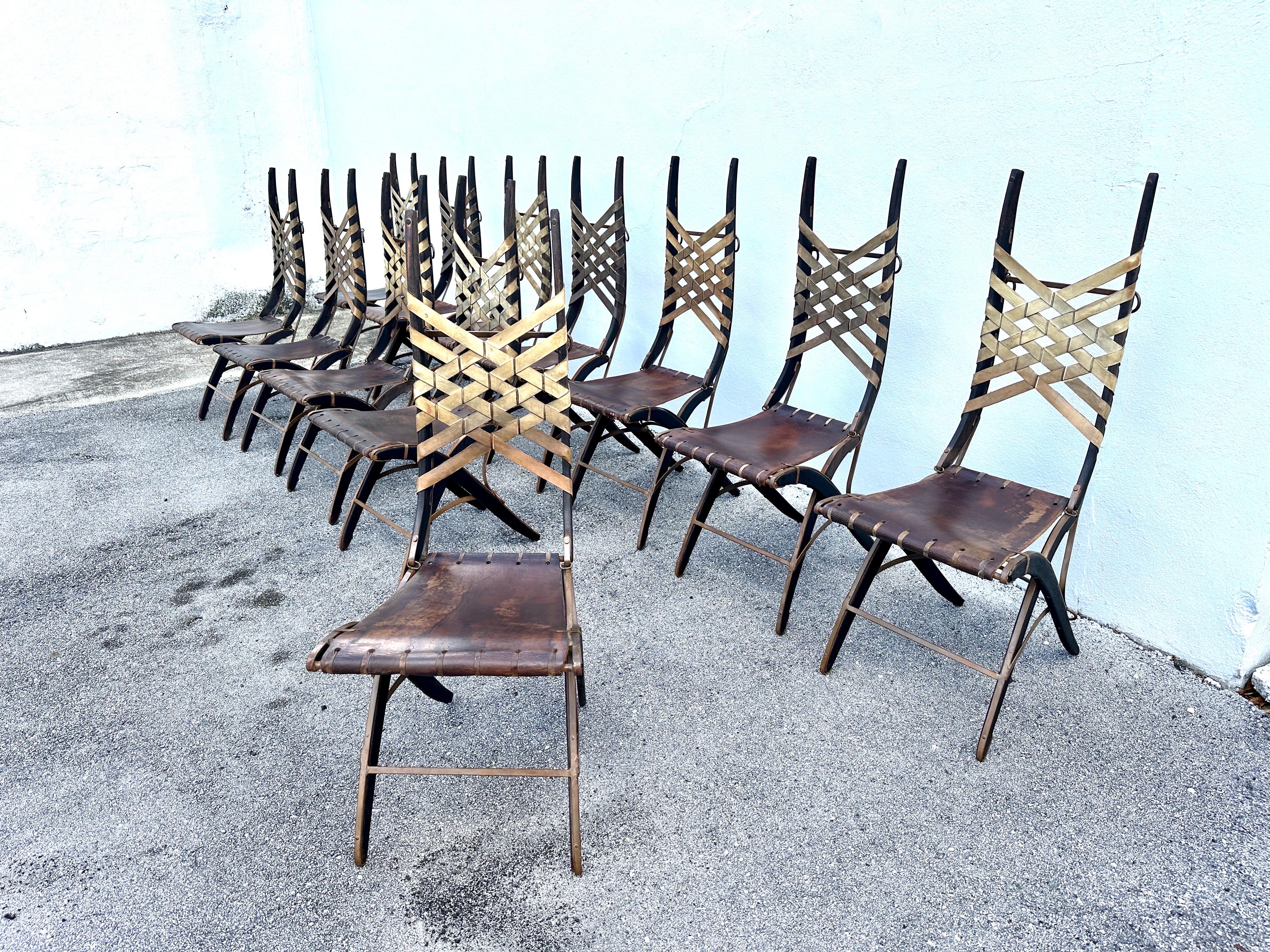 Alberto Marconetti Original Oak, Iron & Leather Straps Dining Chairs, Set of 12 For Sale 2