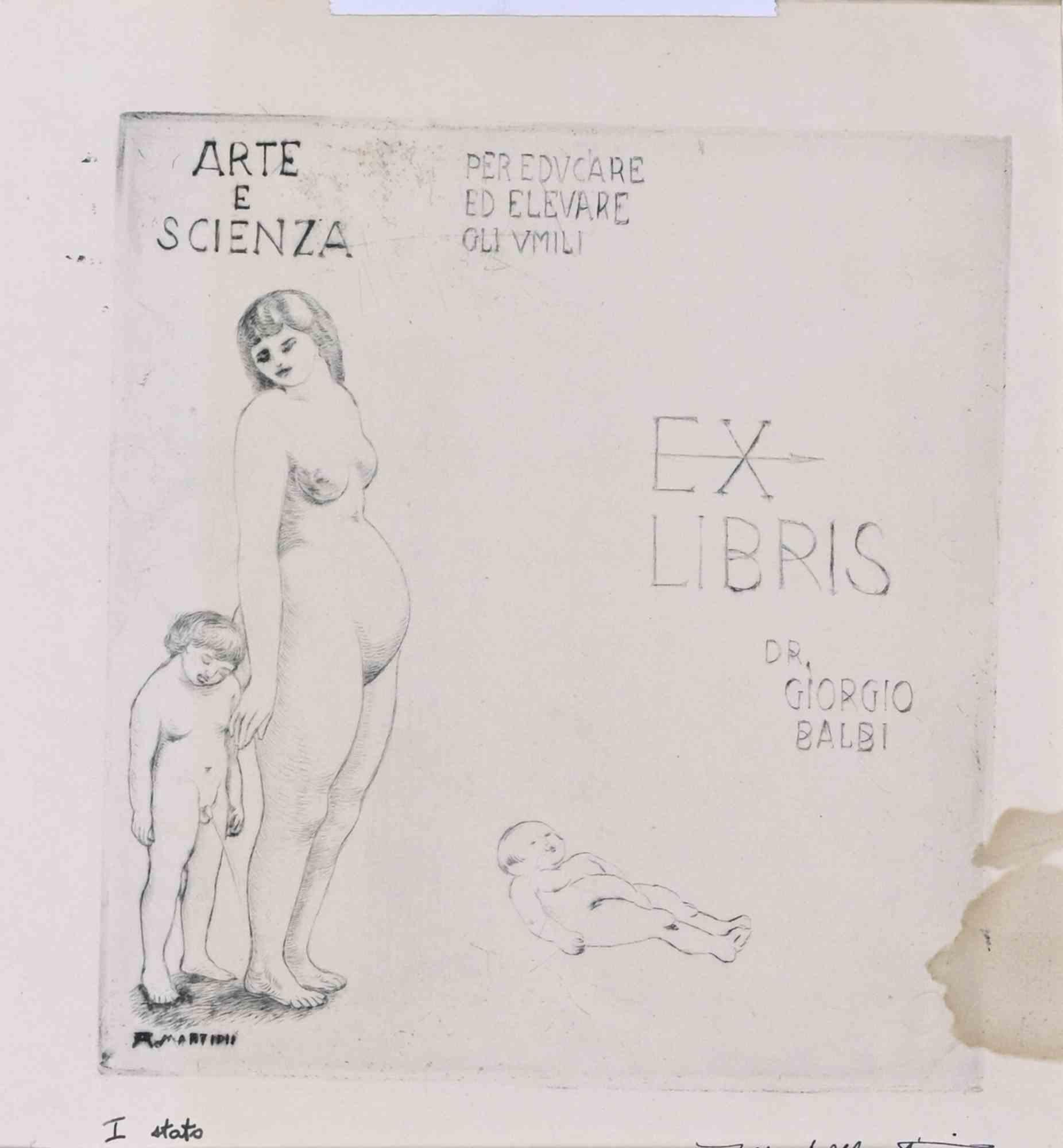Alberto Martini Figurative Print - Ex-Libris Giorgio Balbi - Woodcut Print - 1944