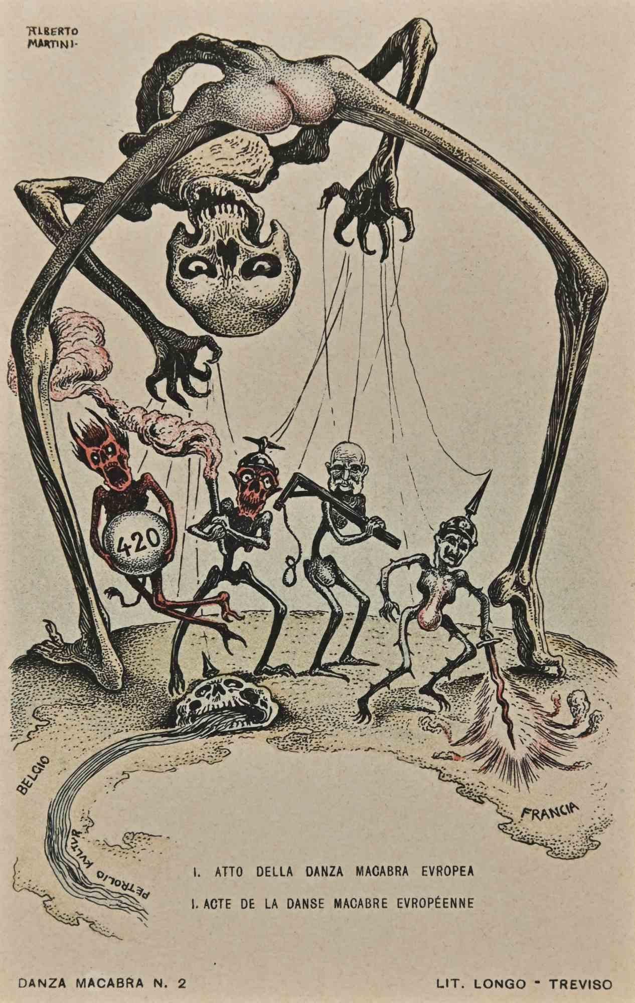 Figurative Print di Alberto Martini - La Danza Macabra Europea N.2  - Litografia di A. Martini - 1915
