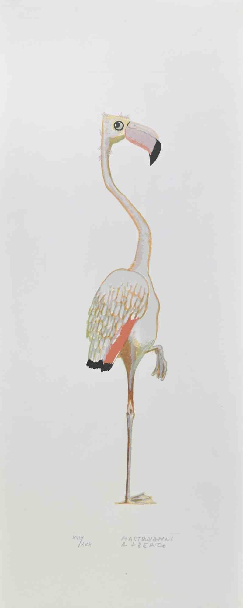 Flamingo is a lithograph realized by Alberto Mastroianni in the 1970s.

Hand Signed on the lower right margin. Numbered on the lower in pencil. .

The artwork represents an interesting pink flamingo, a combination of fantasy and realism.

The