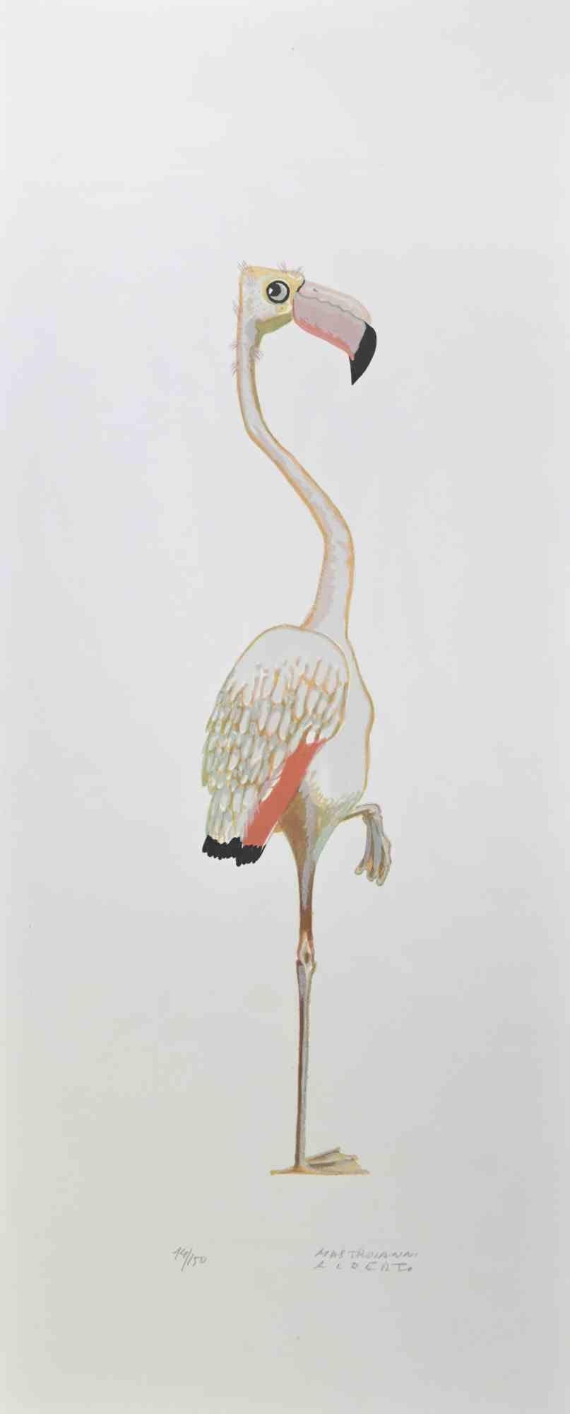 Flamingo is a lithograph realized by Alberto Mastroianni in the 1970s.

Hand Signed on the lower right margin. Numbered on the lower in pencil. .

The artwork represents an interesting pink flamingo, a combination of fantasy and realism.

The