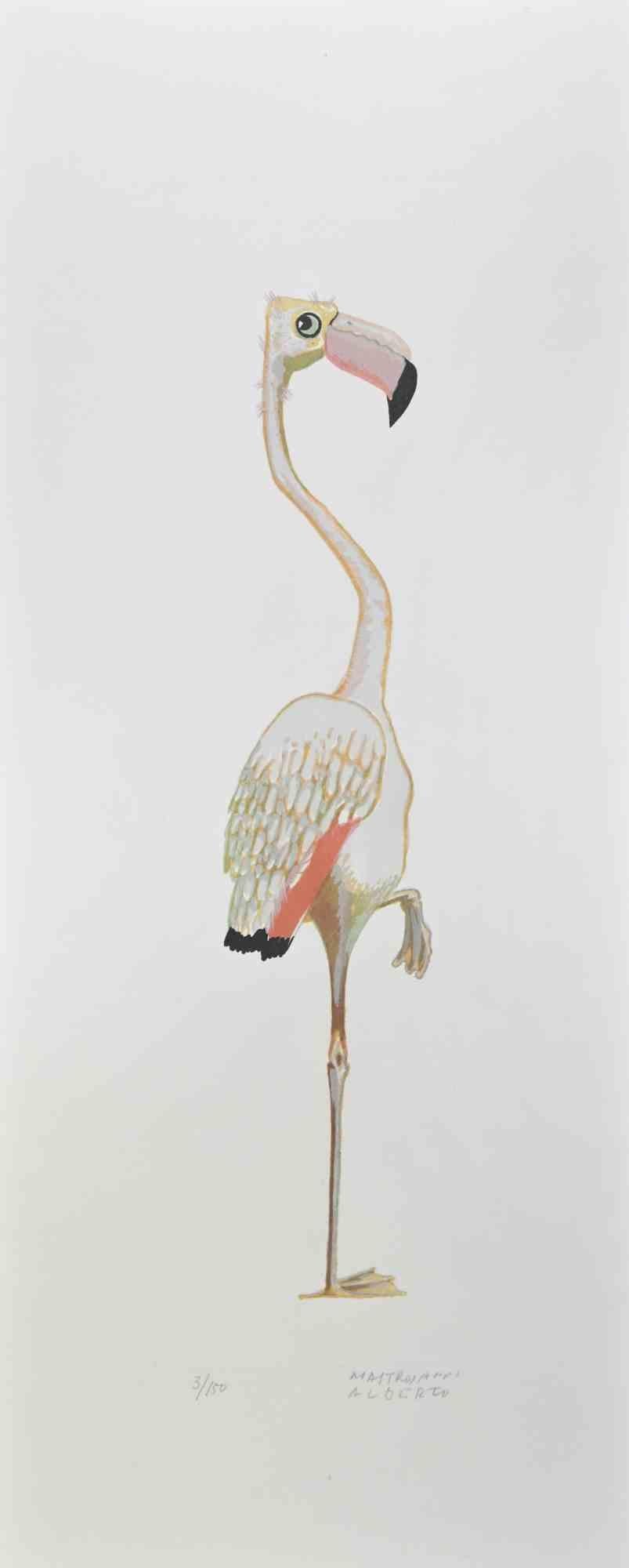Flamingo is a lithograph realized by Alberto Mastroianni in the 1970s.

Hand Signed on the lower right margin. Numbered on the lower in pencil. .

The artwork represents an interesting pink flamingo, a combination of fantasy and realism.

The