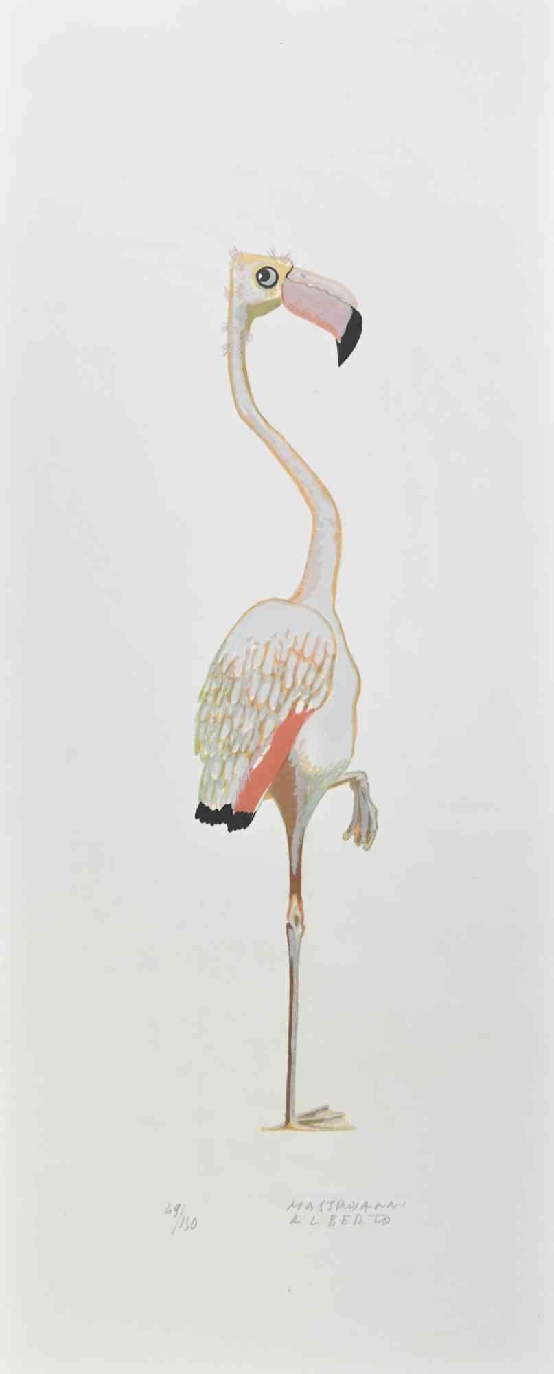 Flamingo est une lithographie réalisée par Alberto Mastroianni dans les années 1970.

Signé à la main dans la marge inférieure droite. Numéroté en bas au crayon. .

L'œuvre d'art représente un intéressant flamant rose, une combinaison de fantaisie