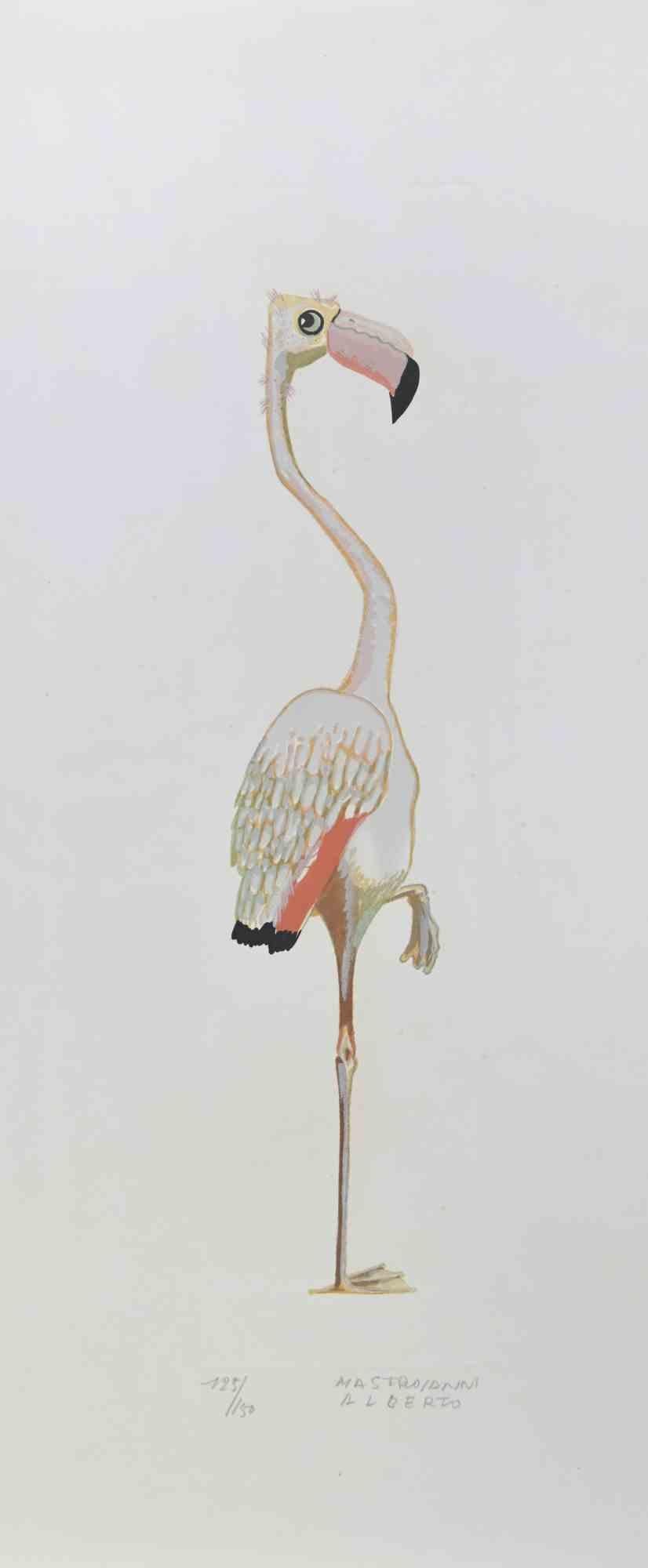Flamingo is a lithograph realized by Alberto Mastroianni in the 1970s.

Hand Signed on the lower right margin. Numbered on the lower in pencil.

The artwork represents an interesting pink flamingo, a combination of fantasy and realism.

The artist's