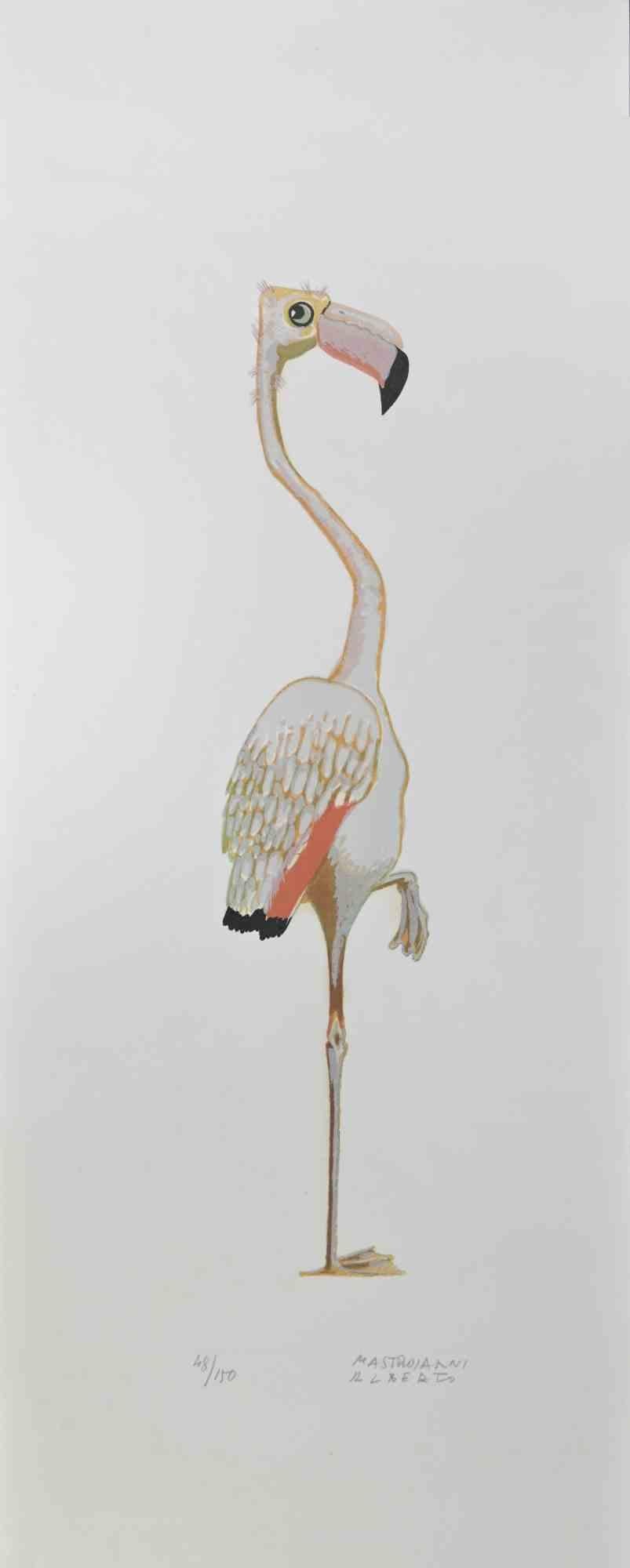 Flamingo is a lithograph realized by Alberto Mastroianni in the 1970s.

Hand Signed on the lower right margin. Numbered on the lower in pencil, edition of 150 prints.

The artwork represents an interesting pink flamingo, a combination of fantasy and