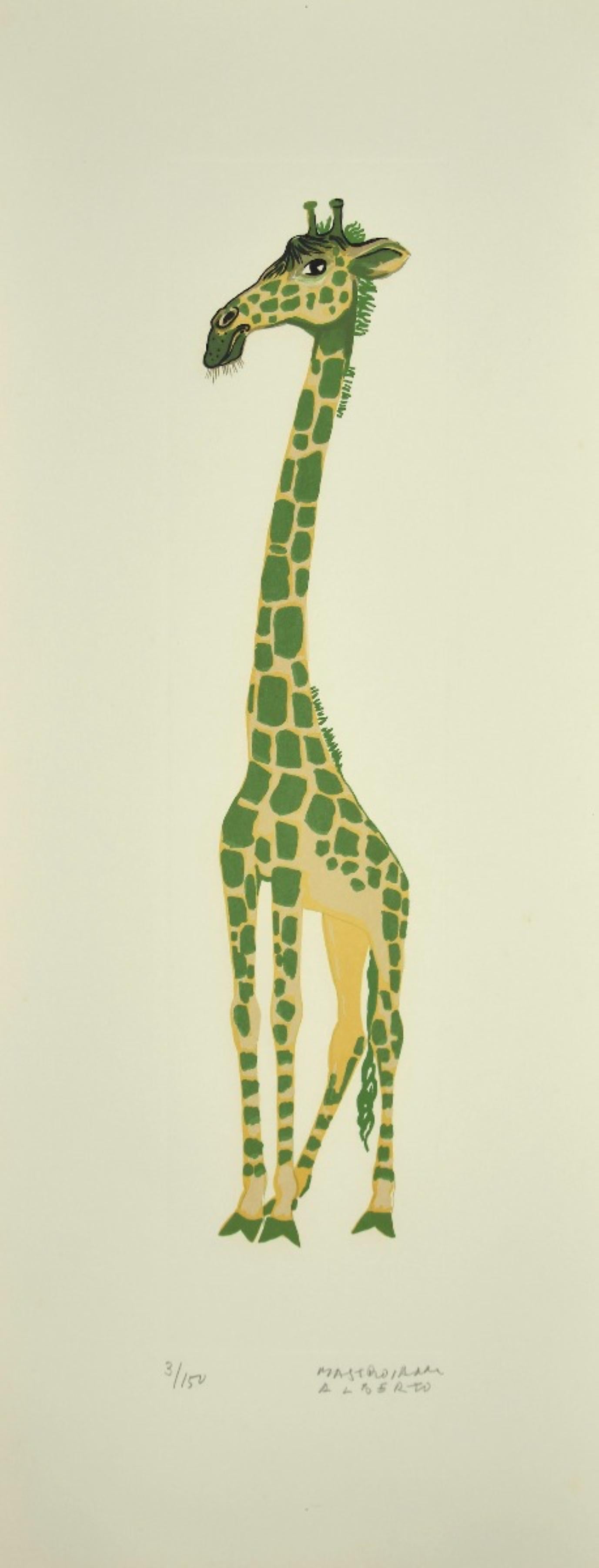 Girafe is a lithograph realized by Alberto Mastroianni in the 1970s.

Hand Signed on the lower right margin.

Numbered on the lower in pencil. Edition 3/150.

Good conditions, except for some folding along the margins.

The artwork represents an