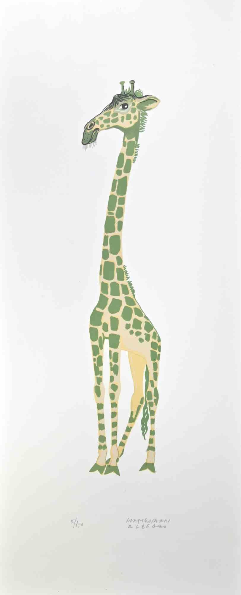 Girafe is a lithograph realized by Alberto Mastroianni in the 1970s.

Hand Signed on the lower right margin. Numbered on the lower margin in pencil. 

The artwork represents an interesting green girafe, a combination of fantasy and realism.

The