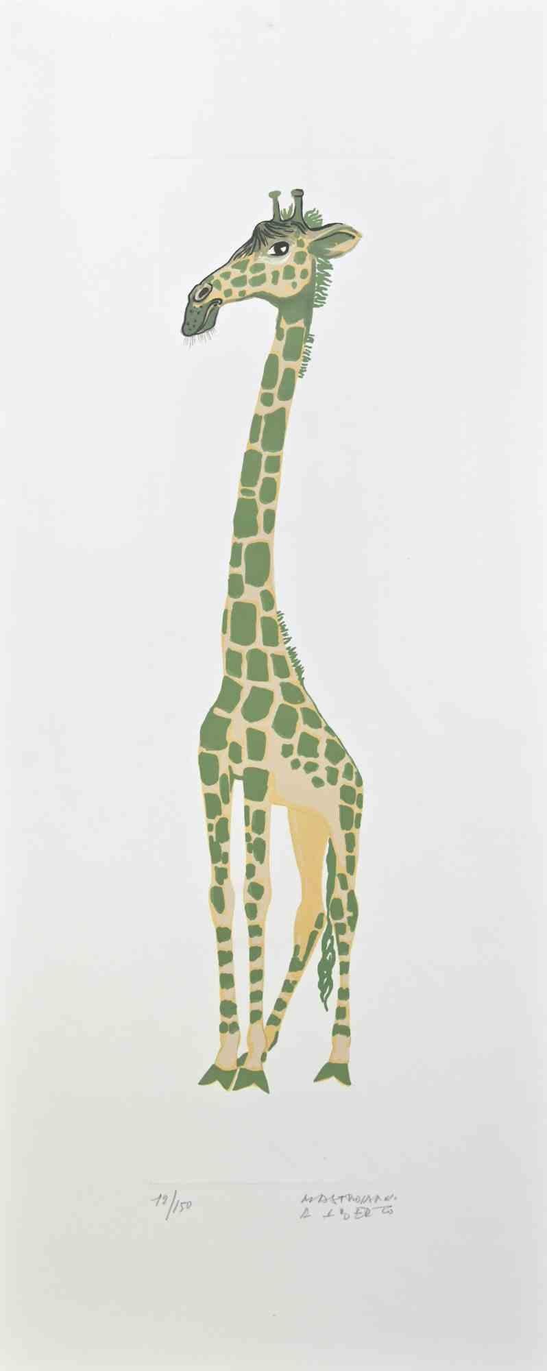 Girafe is a lithograph realized by Alberto Mastroianni in the 1970s.

Hand Signed on the lower right margin. Numbered on the lower margin in pencil. 

The artwork represents an interesting green giraffe, a combination of fantasy and realism.

The