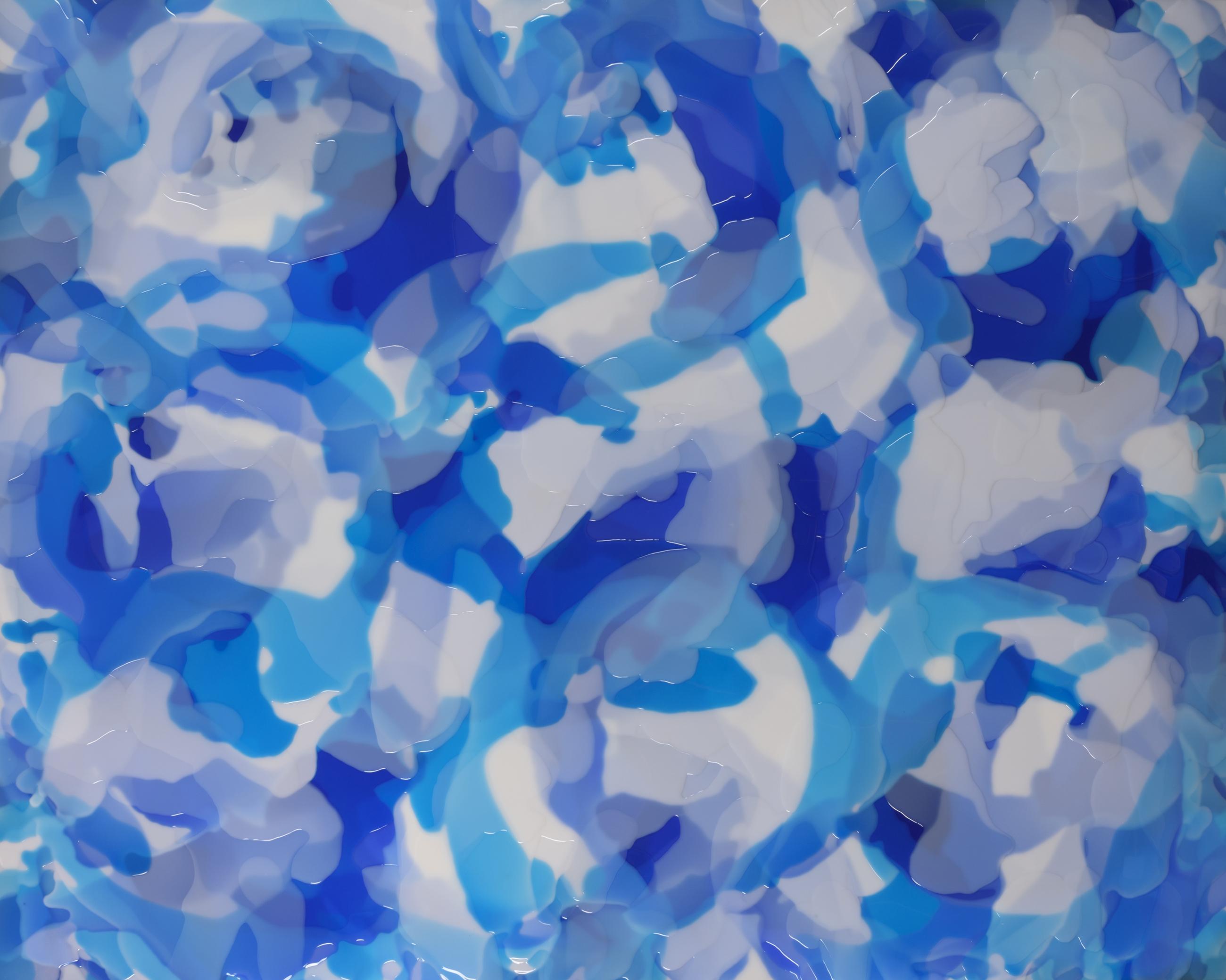 Murillo's large scale abstract mixed media piece measures 48 inches tall by 60 inches wide and features dreamy shades of white, sky blue, medium and cobalt blue.  The multiple layers of resin poured over each other gives a physical puddled texture