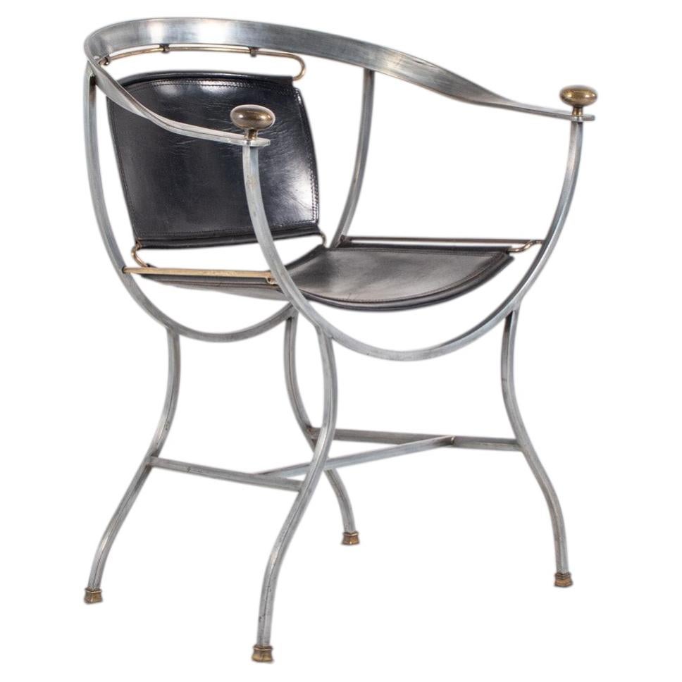 Alberto Orlandi Pompei Sessel aus Stahl, Bronze und schwarzem Leder im Angebot