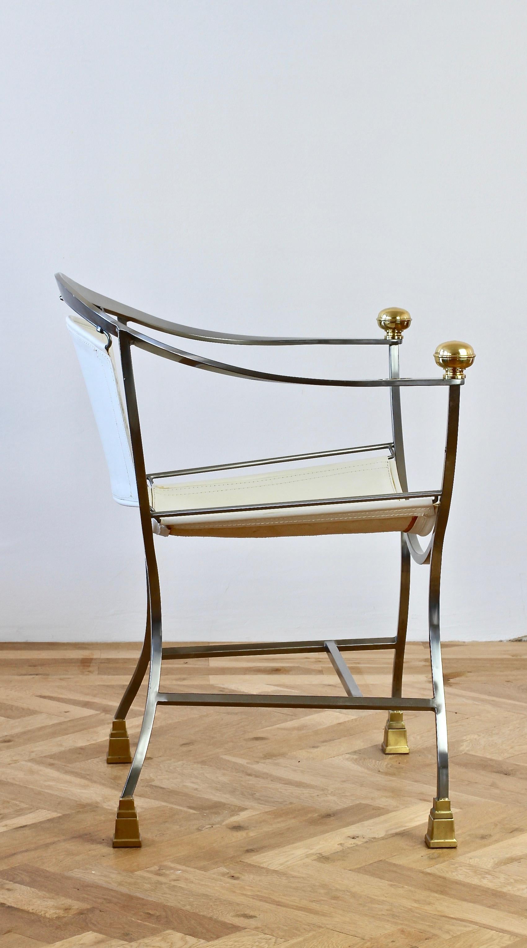Mid-Century Modern Ensemble italien de quatre fauteuils en cuir en acier et laiton « Pompeii » d'Alberto Orlandi en vente