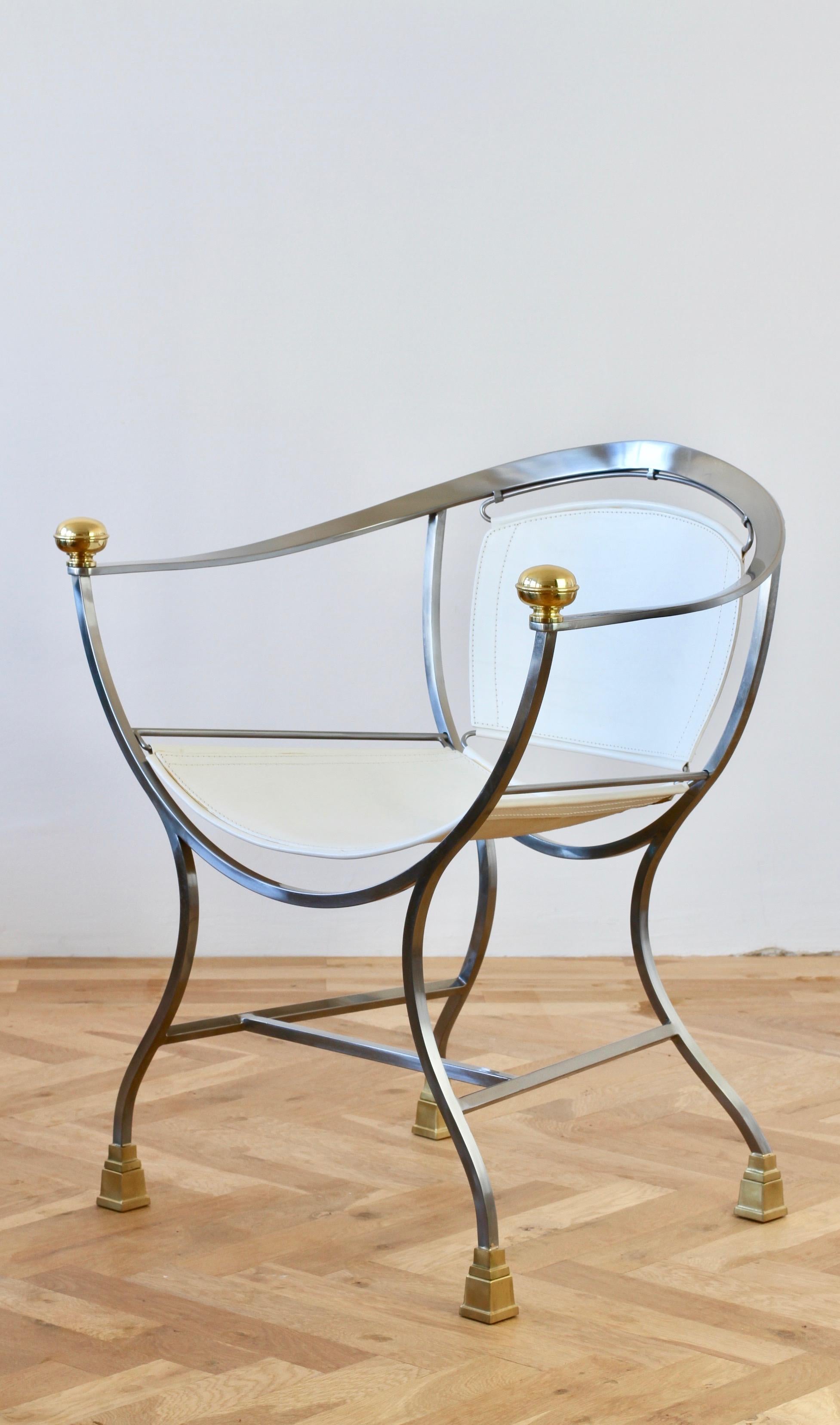 Ensemble italien de quatre fauteuils en cuir en acier et laiton « Pompeii » d'Alberto Orlandi en vente 1