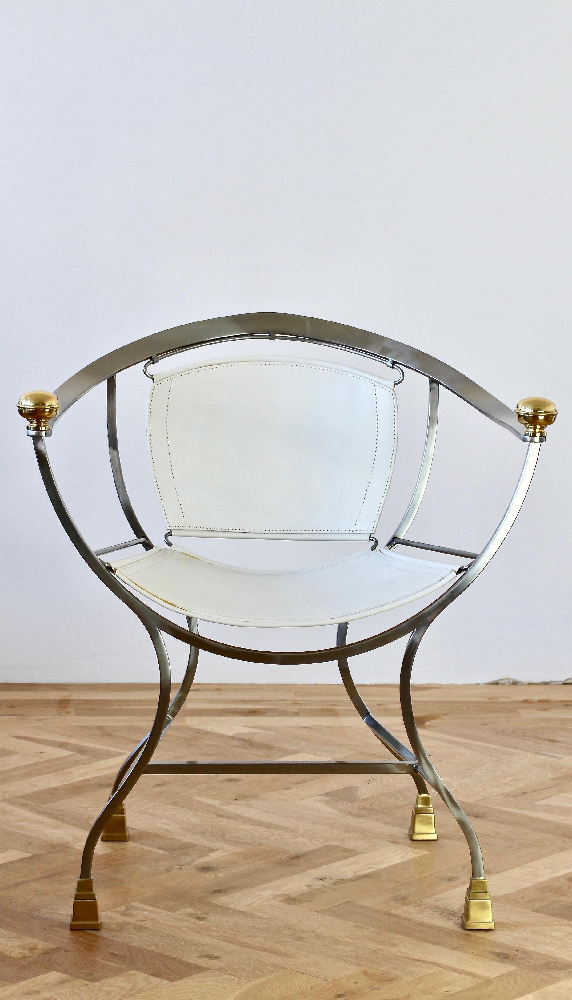 Alberto Orlandi Rare fauteuils italiens en cuir Pompeii en acier et laiton c 1980 en vente 3