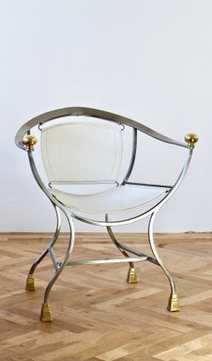 Alberto Orlandi Rara poltrona in pelle italiana "Pompei" in acciaio e ottone del 1980 circa