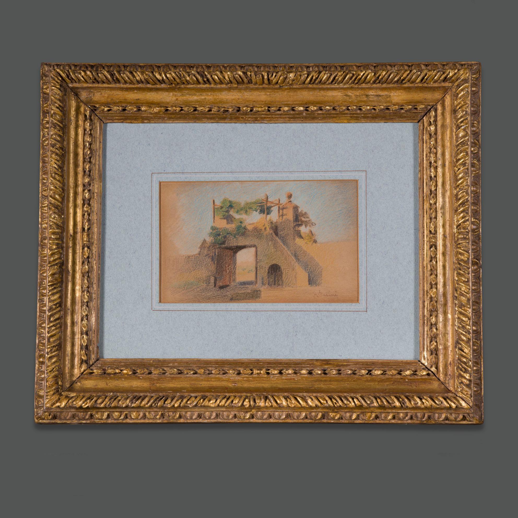 Schönes, stimmungsvolles Aquarell, das dem großen emilianischen Künstler Alberto Pasini zugeschrieben wird. 
Es zeigt mit seltener Intensität ein Gebäude, das in anderen Gemälden Pasinis mehrfach aufgegriffen wird. 
Die Pastellfarben mit ihren