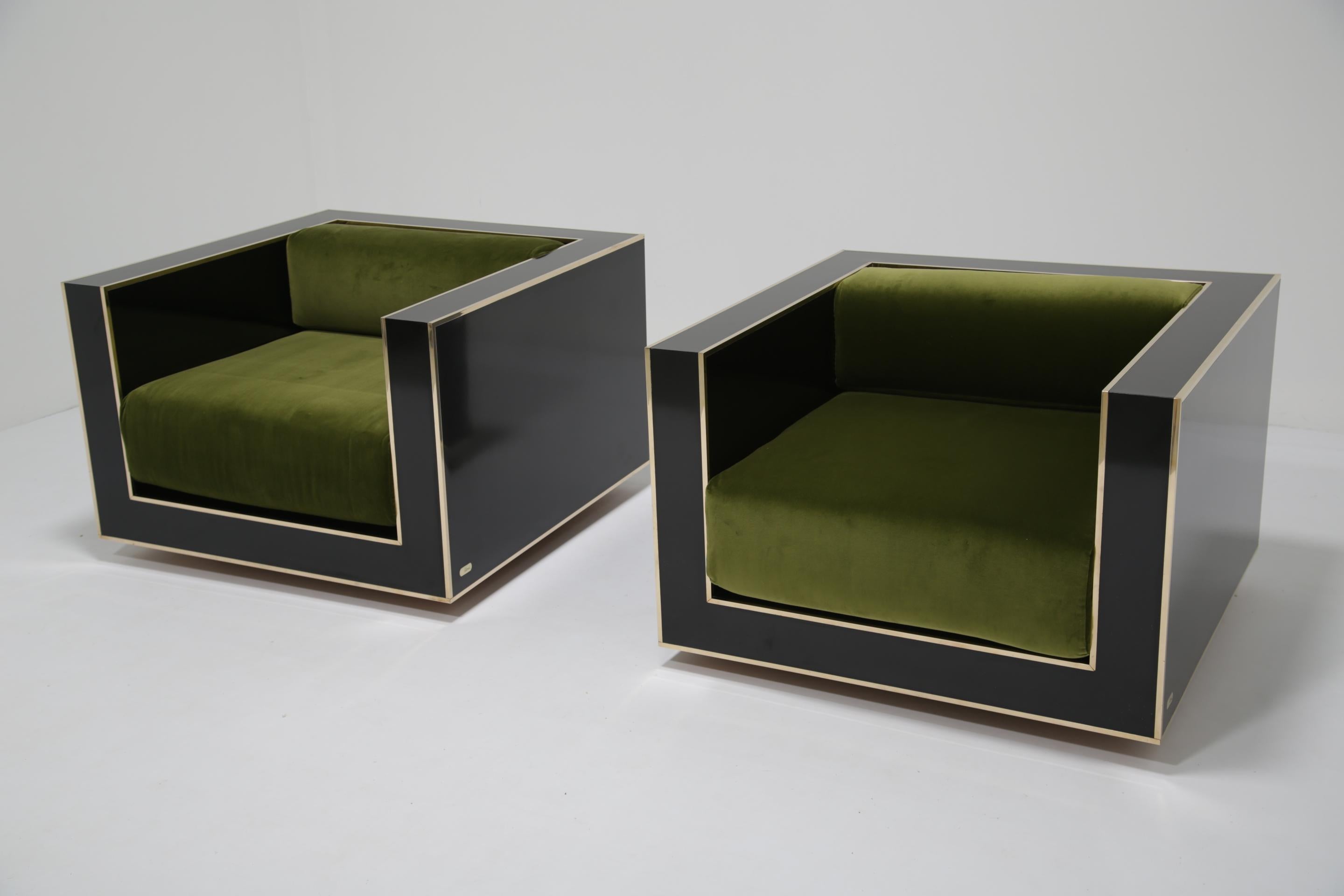 Fauteuils Art Deco en laiton et Formica noir brillant Alberto Rocchi 1980 en vente 3