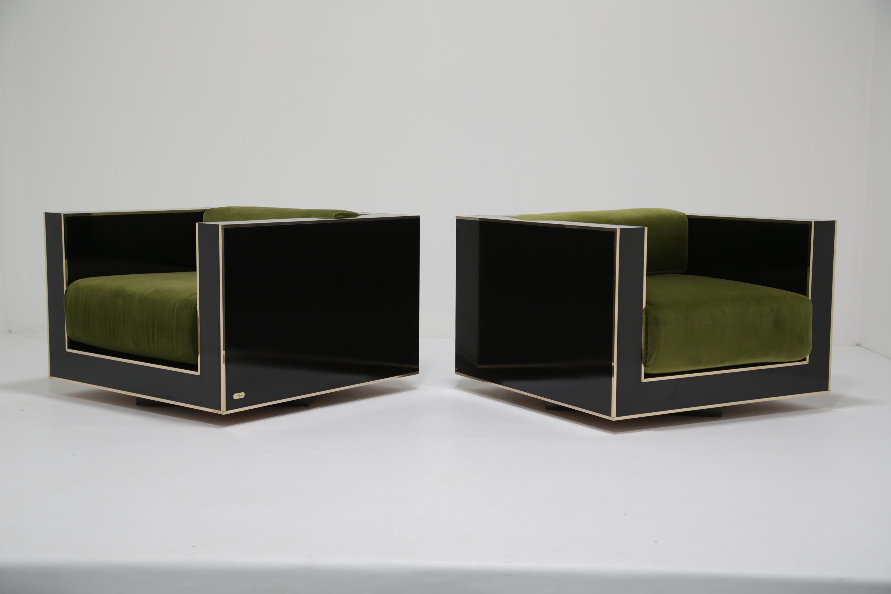 Fauteuils Art Deco en laiton et Formica noir brillant Alberto Rocchi 1980 en vente 5