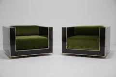 Alberto Rocchi Brass and High Gloss Black Formica Art Deco Style Armchairs 1980s